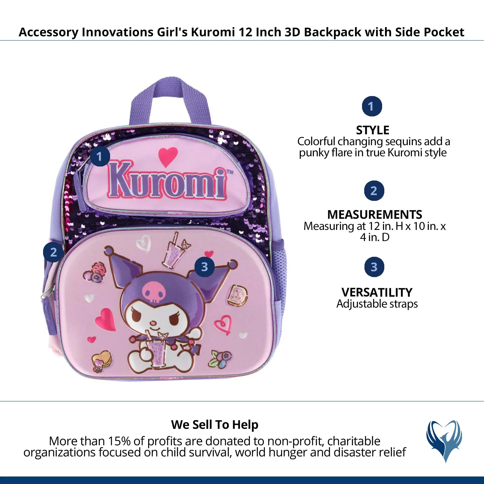 Accessory Innovations Girl's Kuromi 12 Inch 3D Backpack with Side Pocket