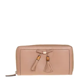 Beige Leather Bamboo Tassel Bow Zip Around Wallet