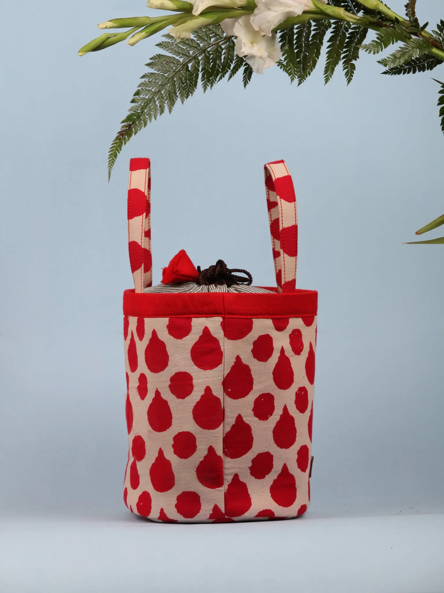 Beige Red Hand Block Printed Bucket Utility Bag - B0205