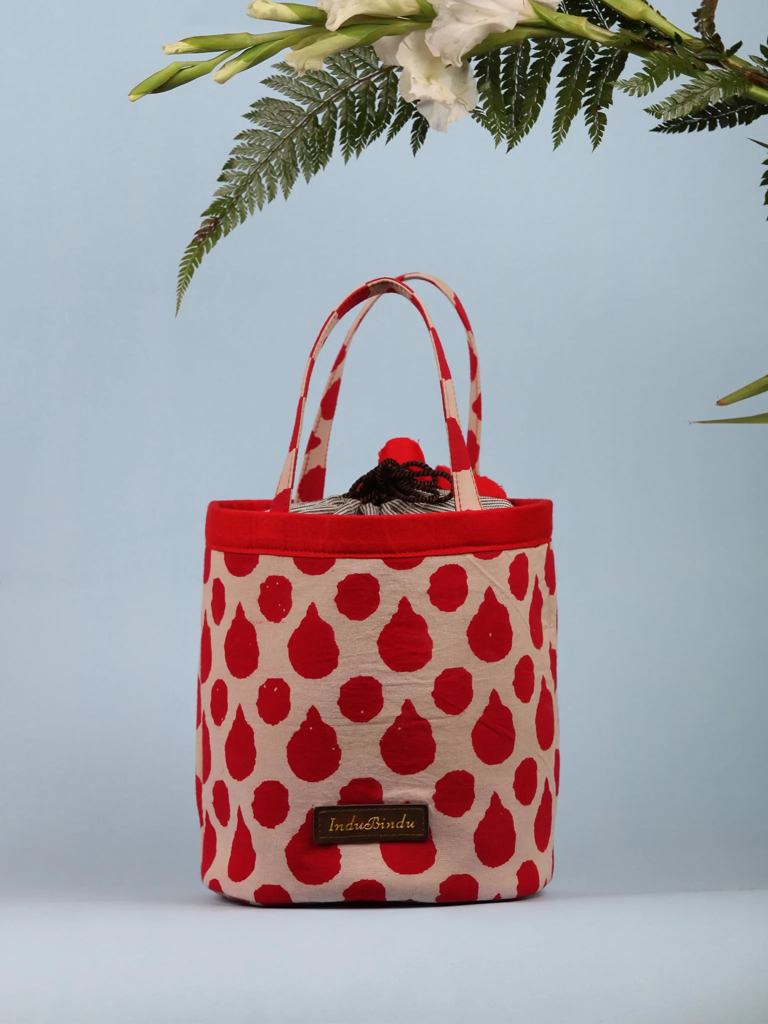 Beige Red Hand Block Printed Bucket Utility Bag - B0205