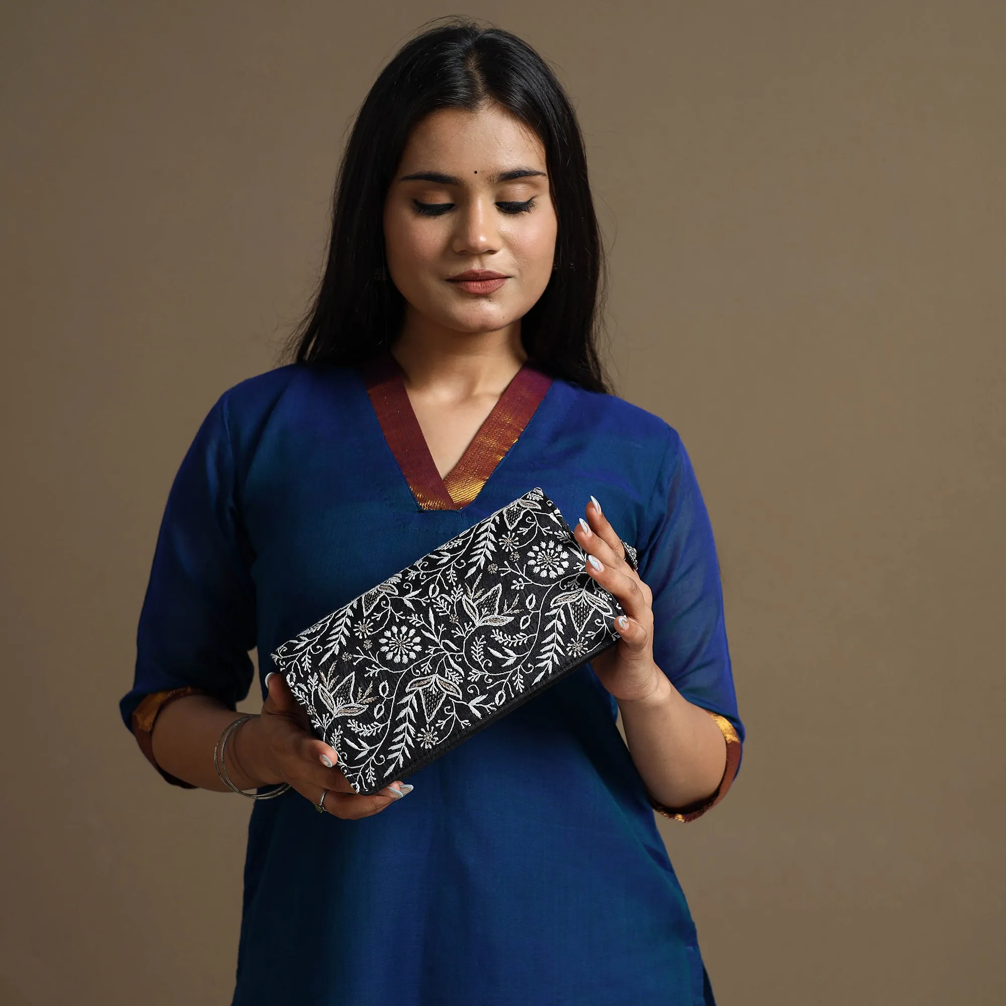 Black - Chikankari Hand Embroidery Tussar Silk Clutch / Sling Bag 09