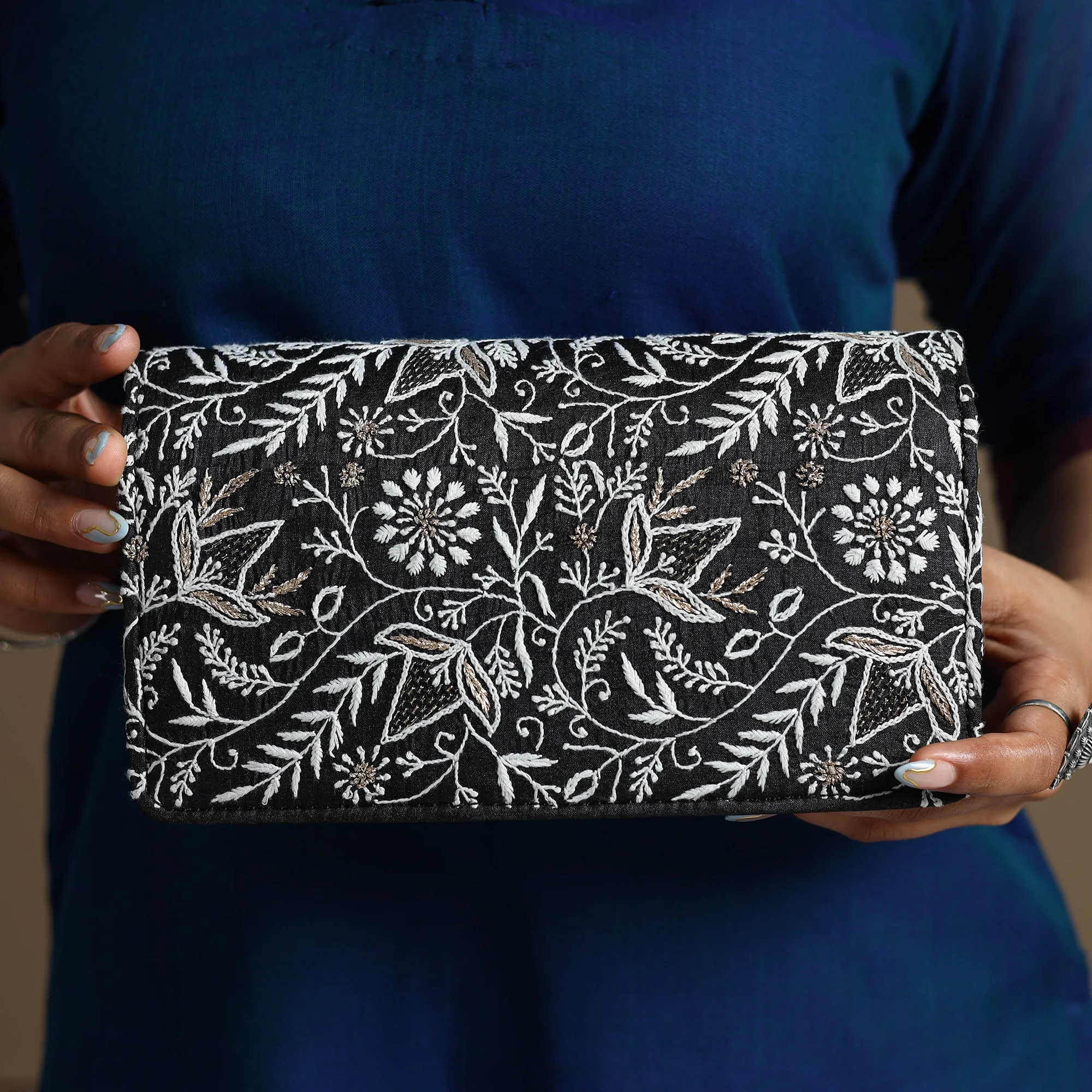 Black - Chikankari Hand Embroidery Tussar Silk Clutch / Sling Bag 09