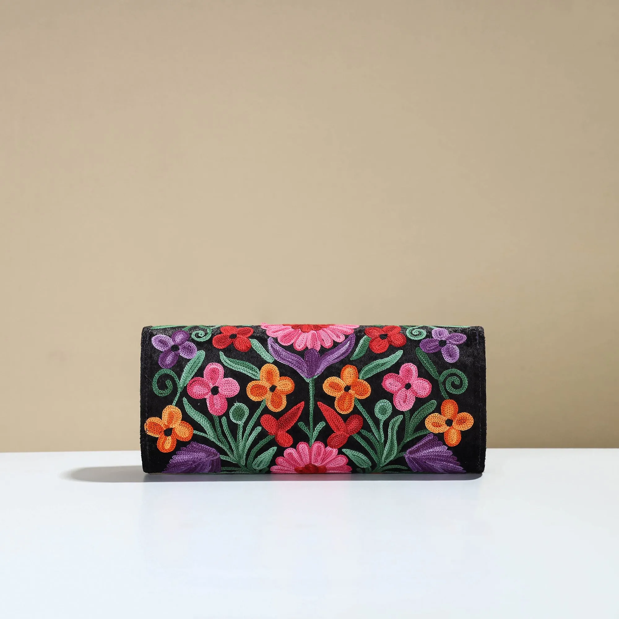 Black - Kashmiri Crewel Hand Embroidery Velvet Clutch 37