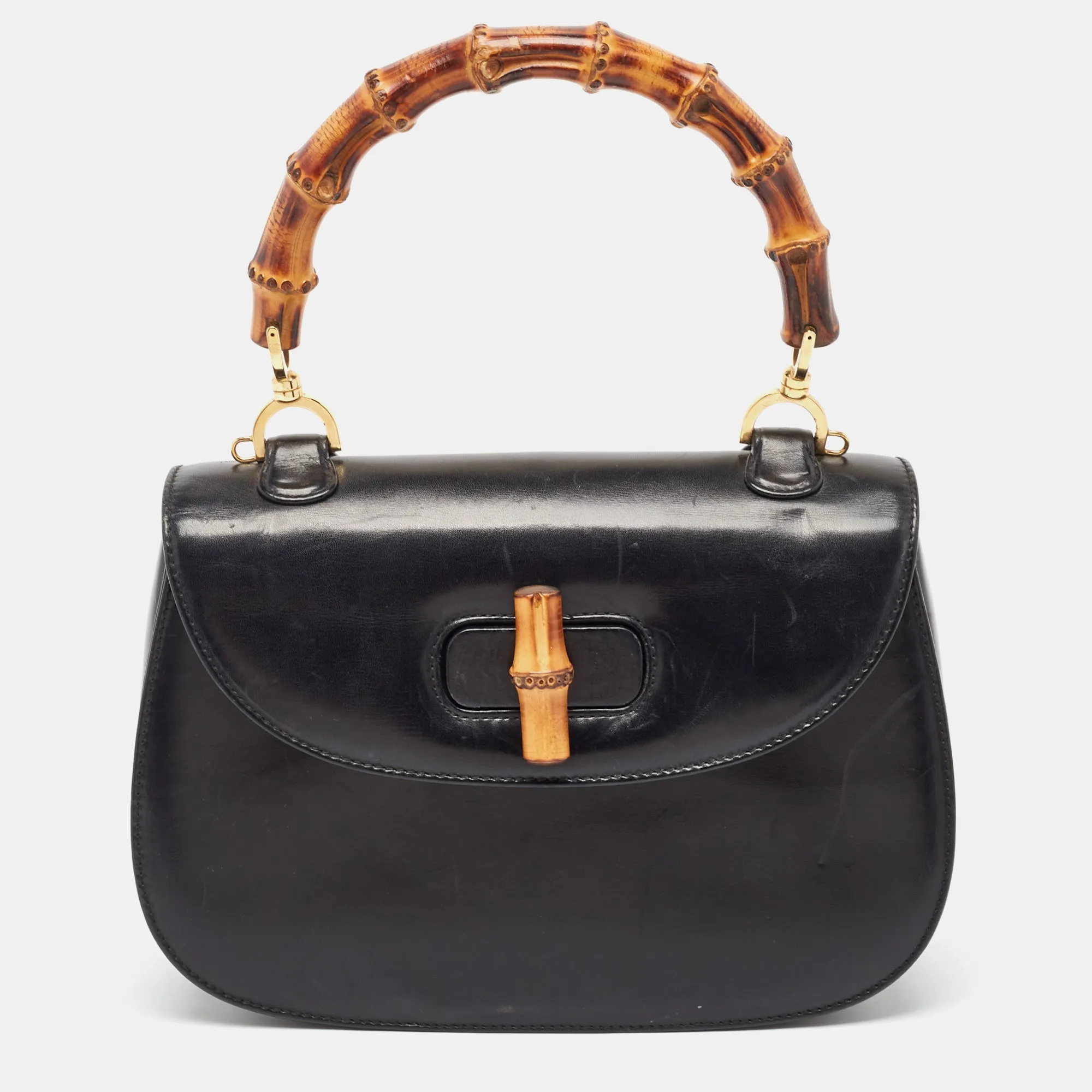 Black Leather Vintage Bamboo Top Handle Bag