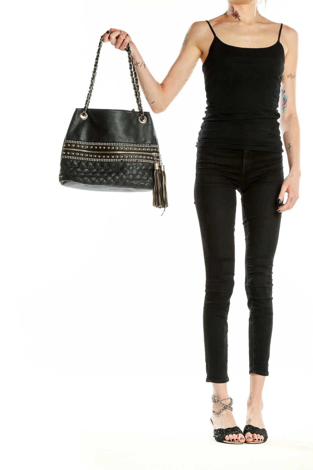 Black Studded Quilted Shoulder Bag