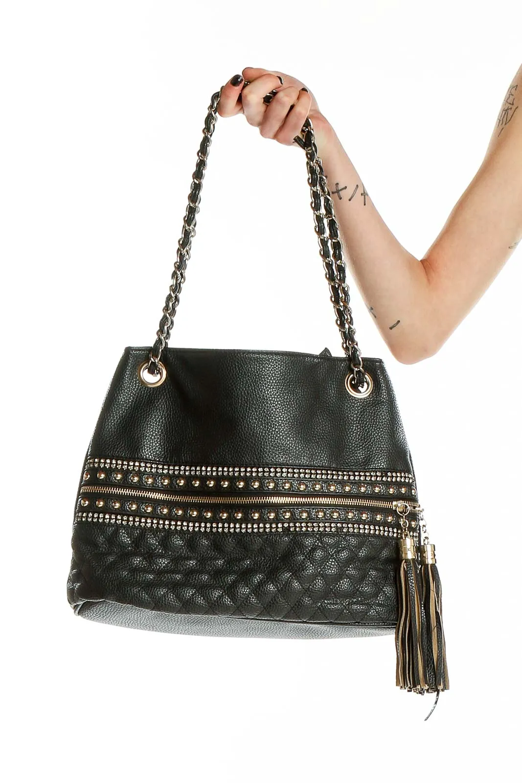 Black Studded Quilted Shoulder Bag