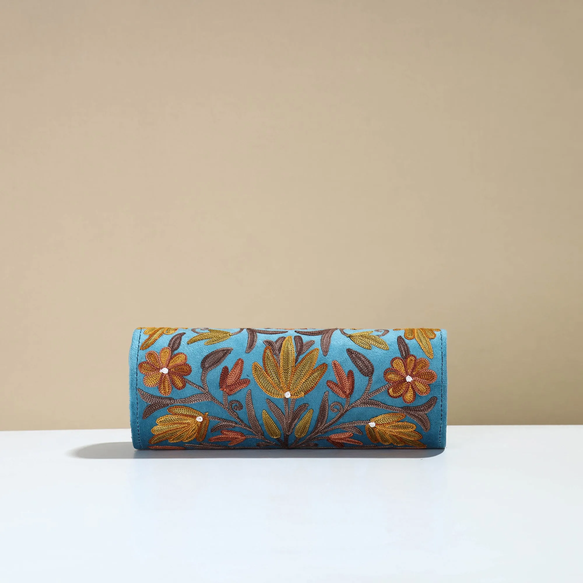 Blue - Kashmiri Crewel Hand Embroidery Velvet Clutch 34