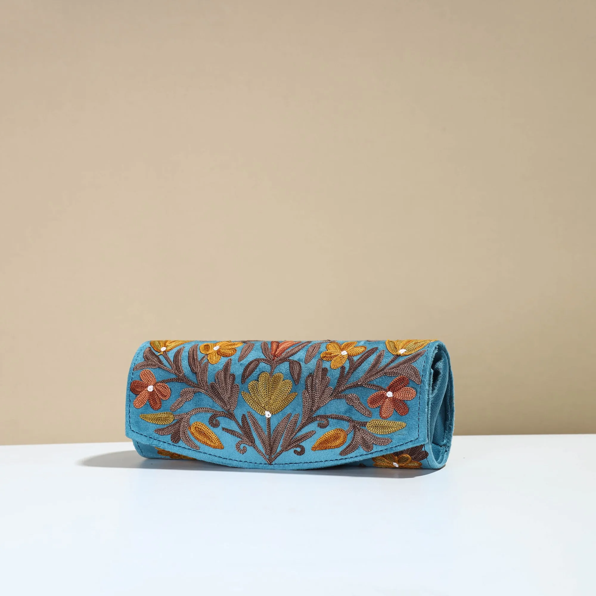 Blue - Kashmiri Crewel Hand Embroidery Velvet Clutch 34