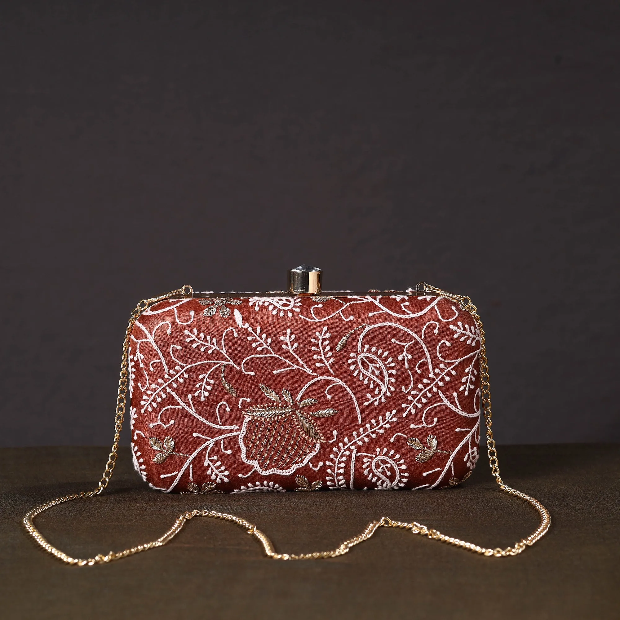 Brown - Chikankari Hand Embroidery Tussar Silk Clutch / Sling Bag 14