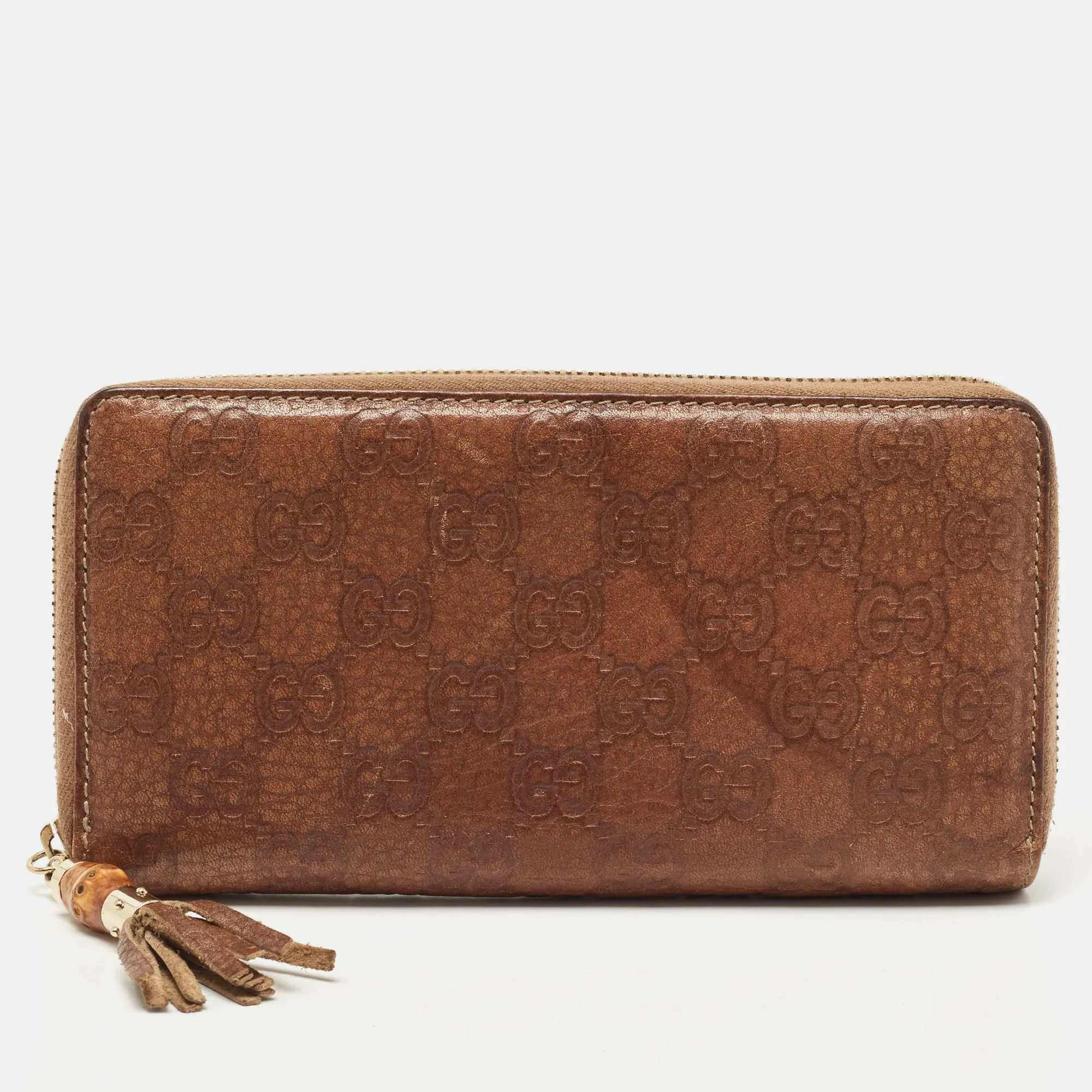 Brown Guccissima Leather Bamboo Tassel Zip Around Wallet