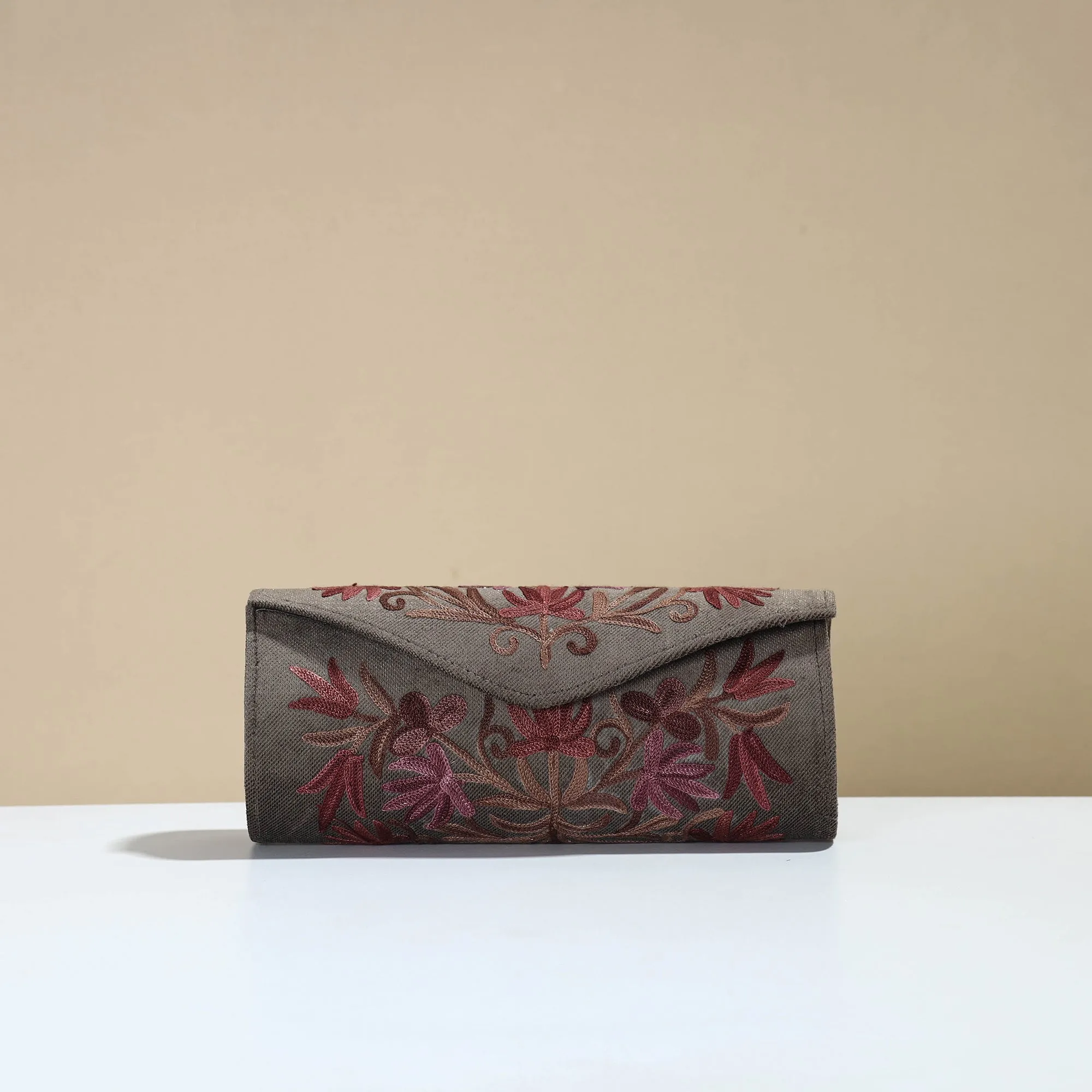 Brown - Kashmiri Crewel Hand Embroidery Velvet Clutch 31