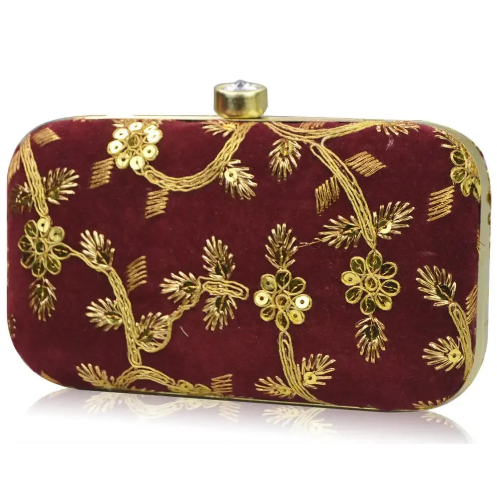 Fabulous Maroon Velvet Self Pattern Clutches For Women And Girls