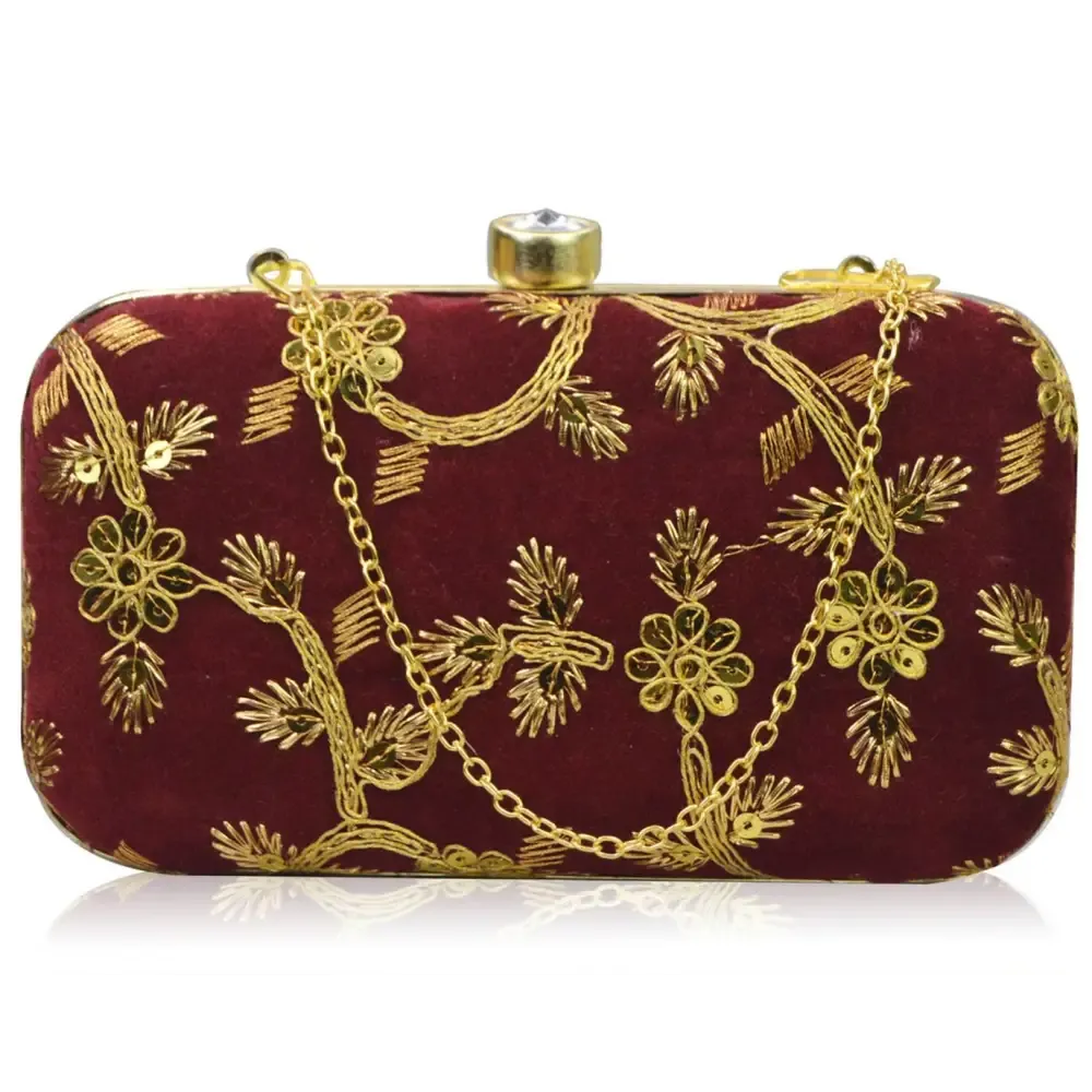 Fabulous Maroon Velvet Self Pattern Clutches For Women And Girls