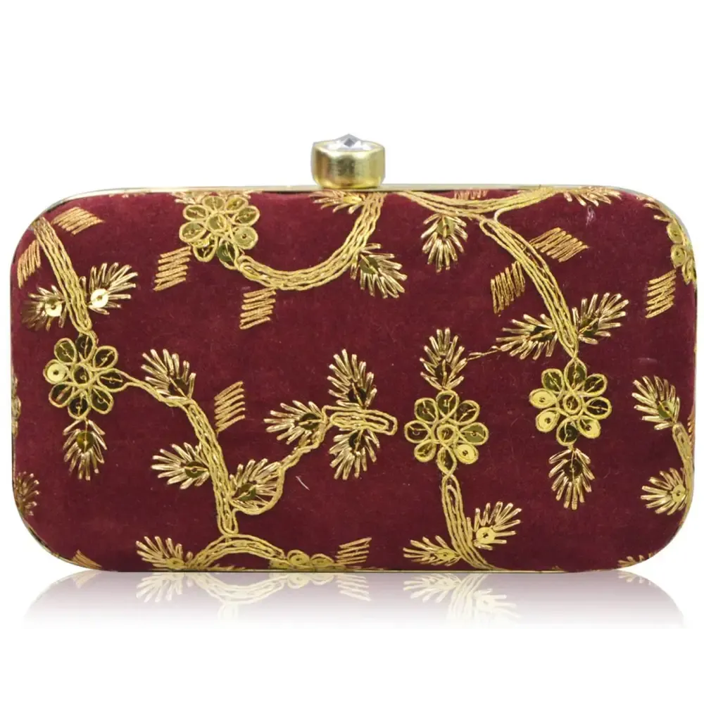 Fabulous Maroon Velvet Self Pattern Clutches For Women And Girls