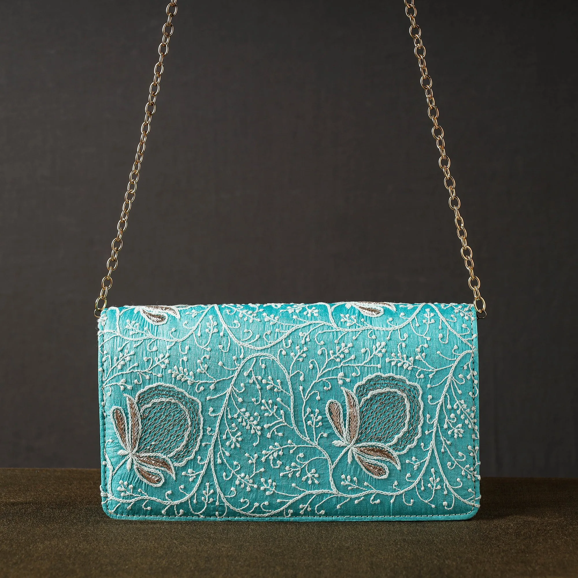 Green - Chikankari Hand Embroidery Tussar Silk Clutch / Sling Bag