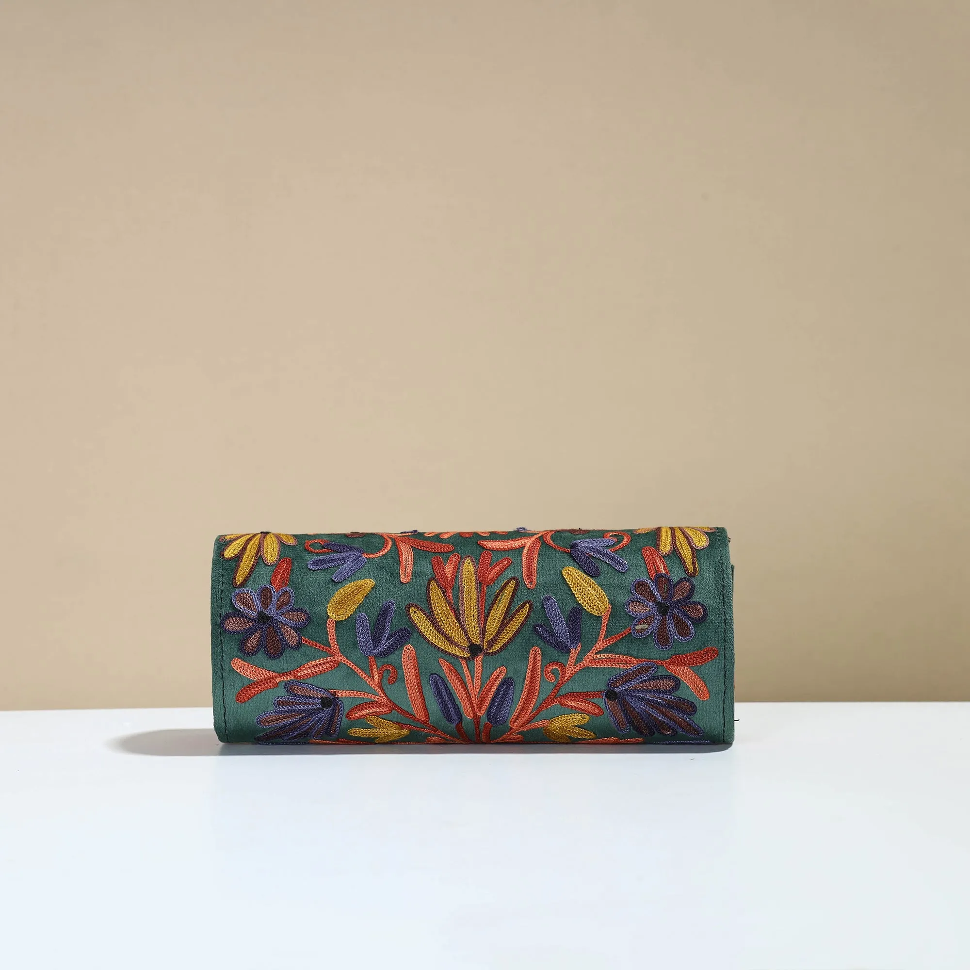 Green - Kashmiri Crewel Hand Embroidery Velvet Clutch 47