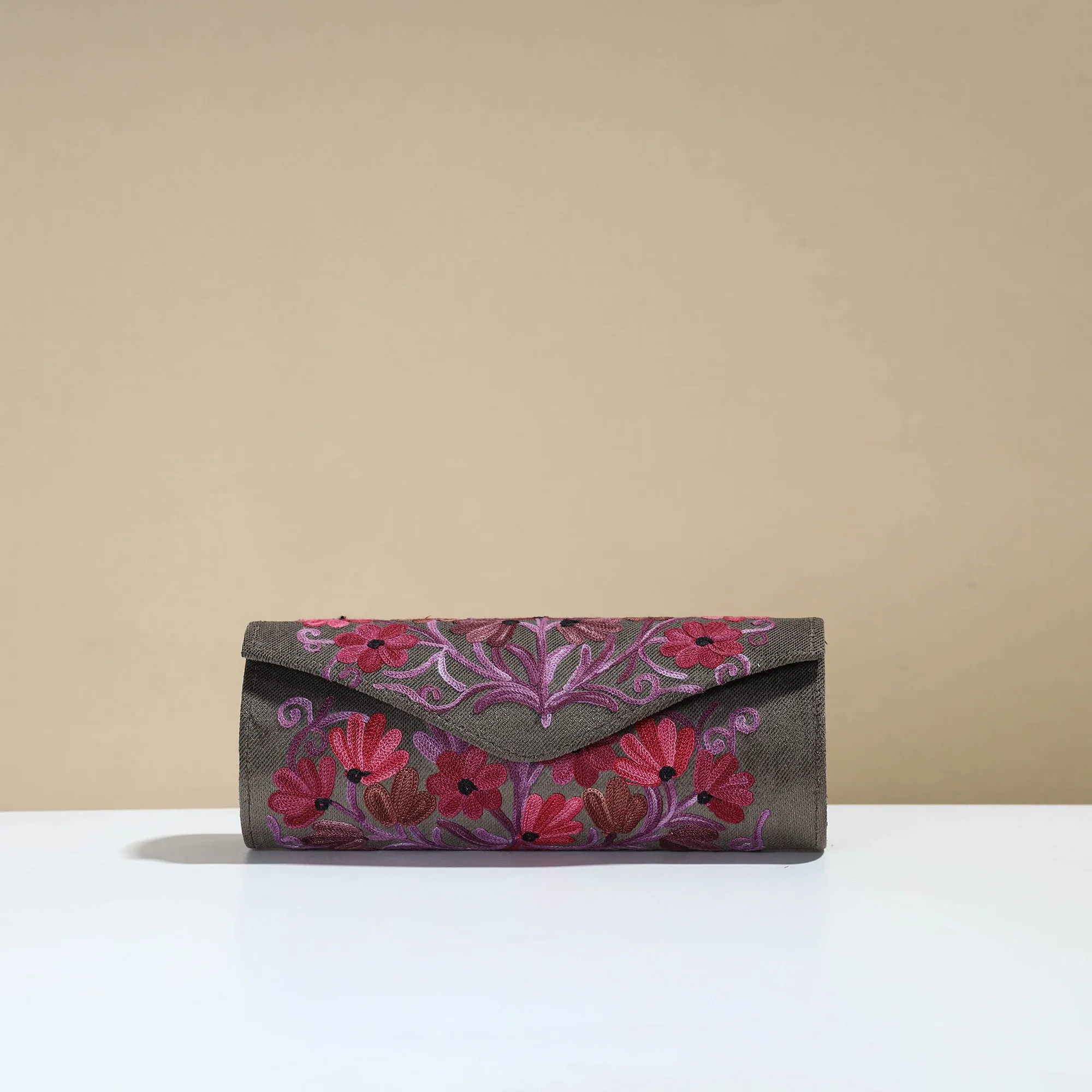 Grey - Kashmiri Crewel Hand Embroidery Velvet Clutch 26