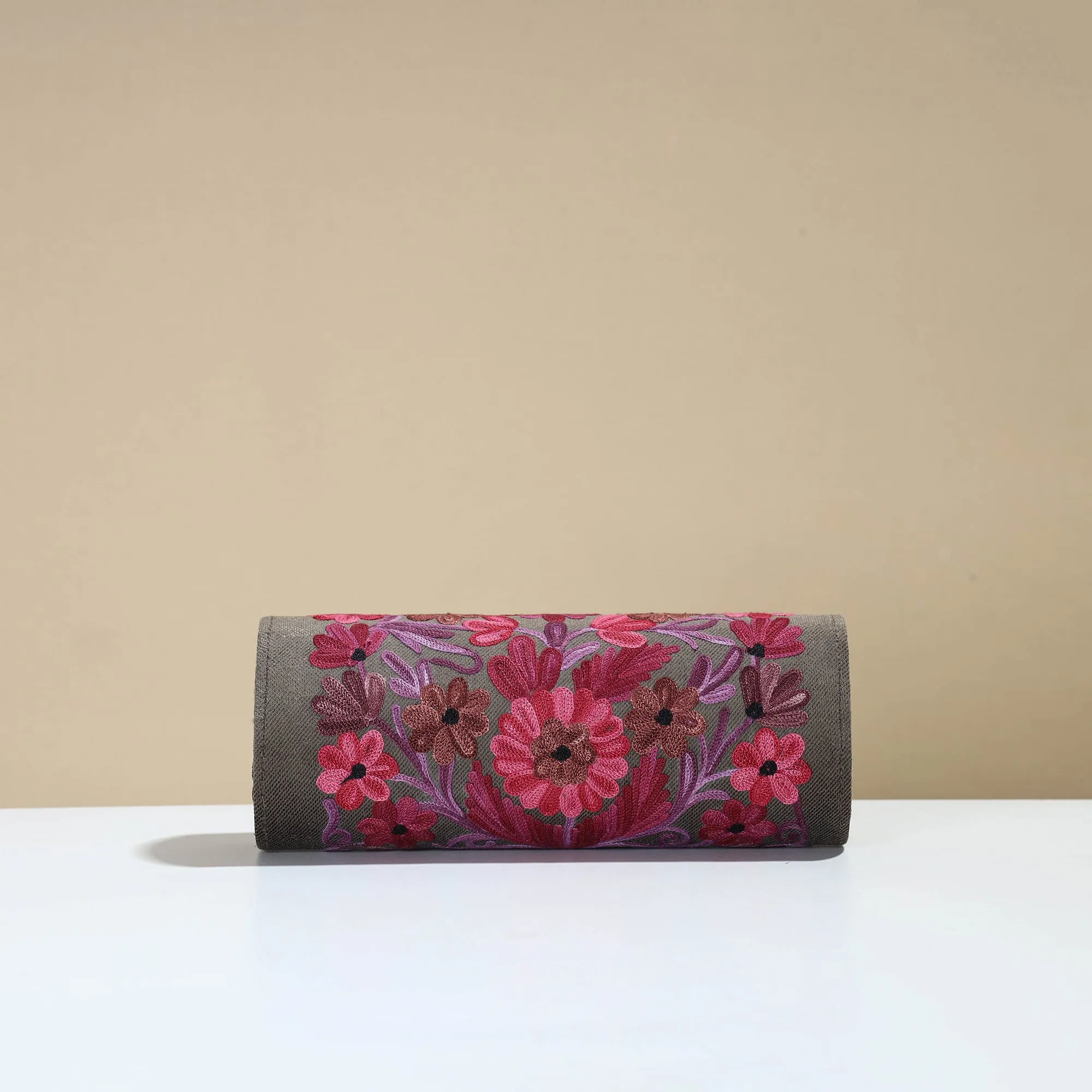 Grey - Kashmiri Crewel Hand Embroidery Velvet Clutch 26