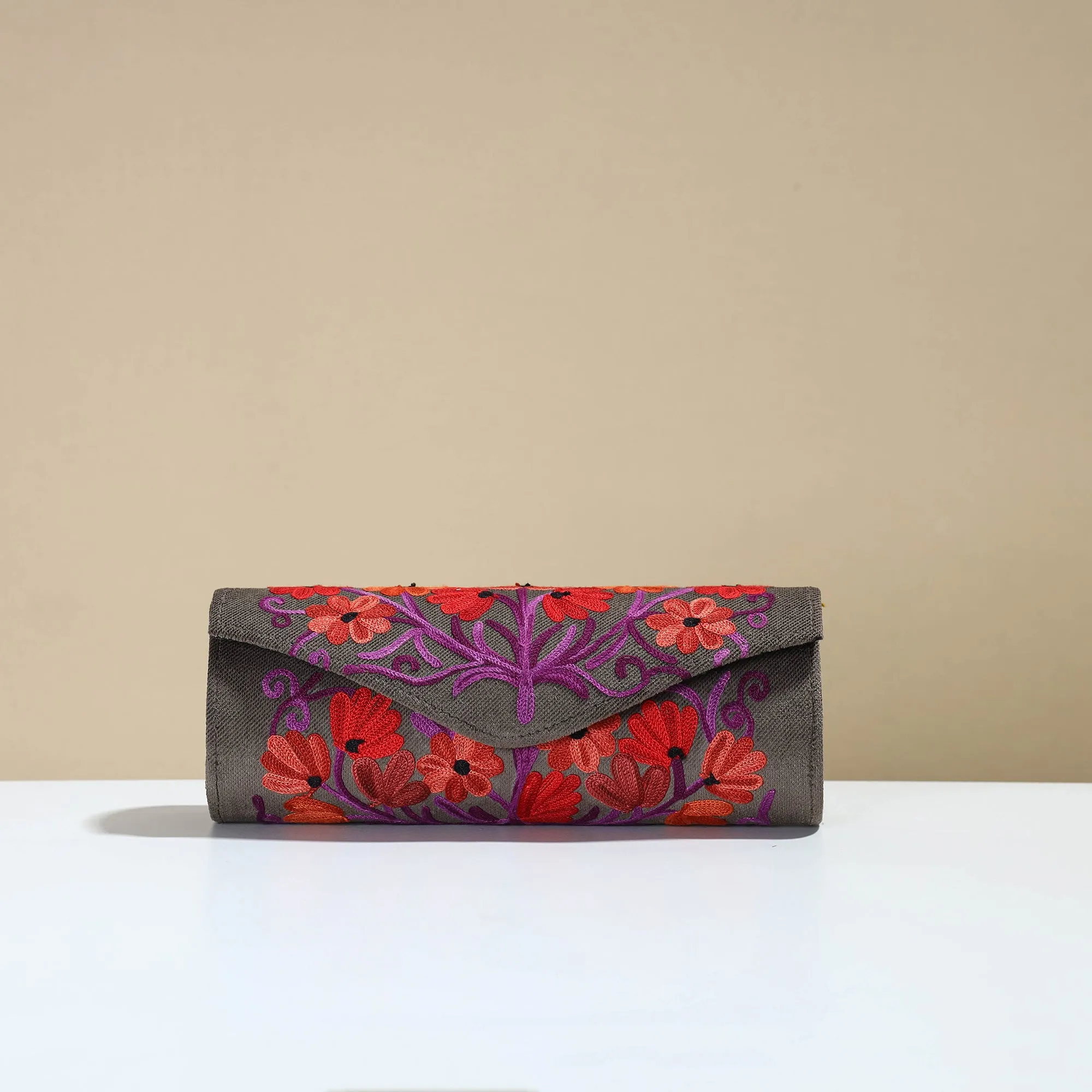 Grey - Kashmiri Crewel Hand Embroidery Velvet Clutch 32