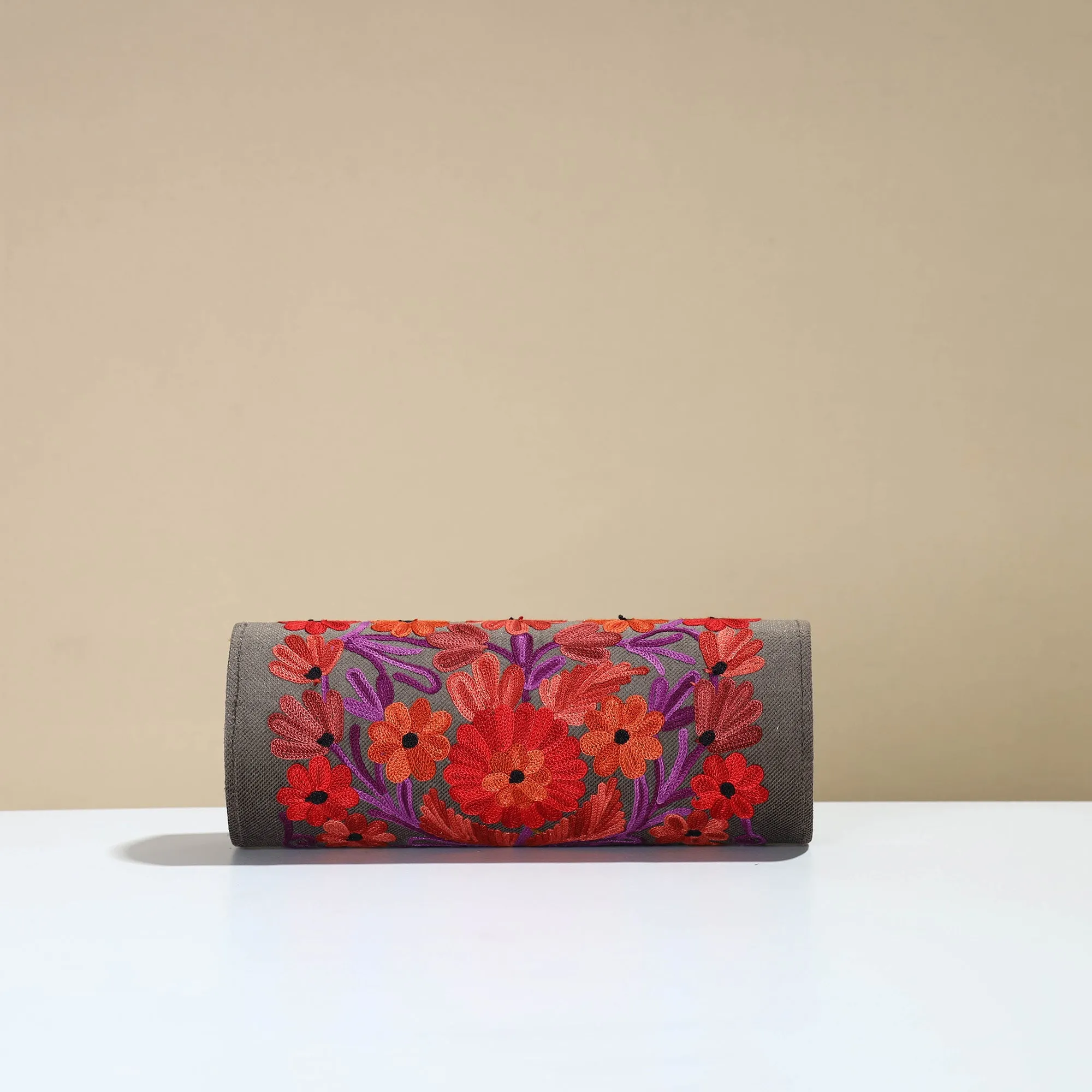 Grey - Kashmiri Crewel Hand Embroidery Velvet Clutch 32