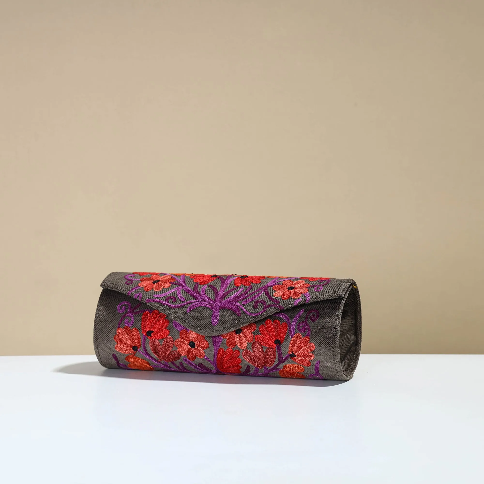 Grey - Kashmiri Crewel Hand Embroidery Velvet Clutch 32