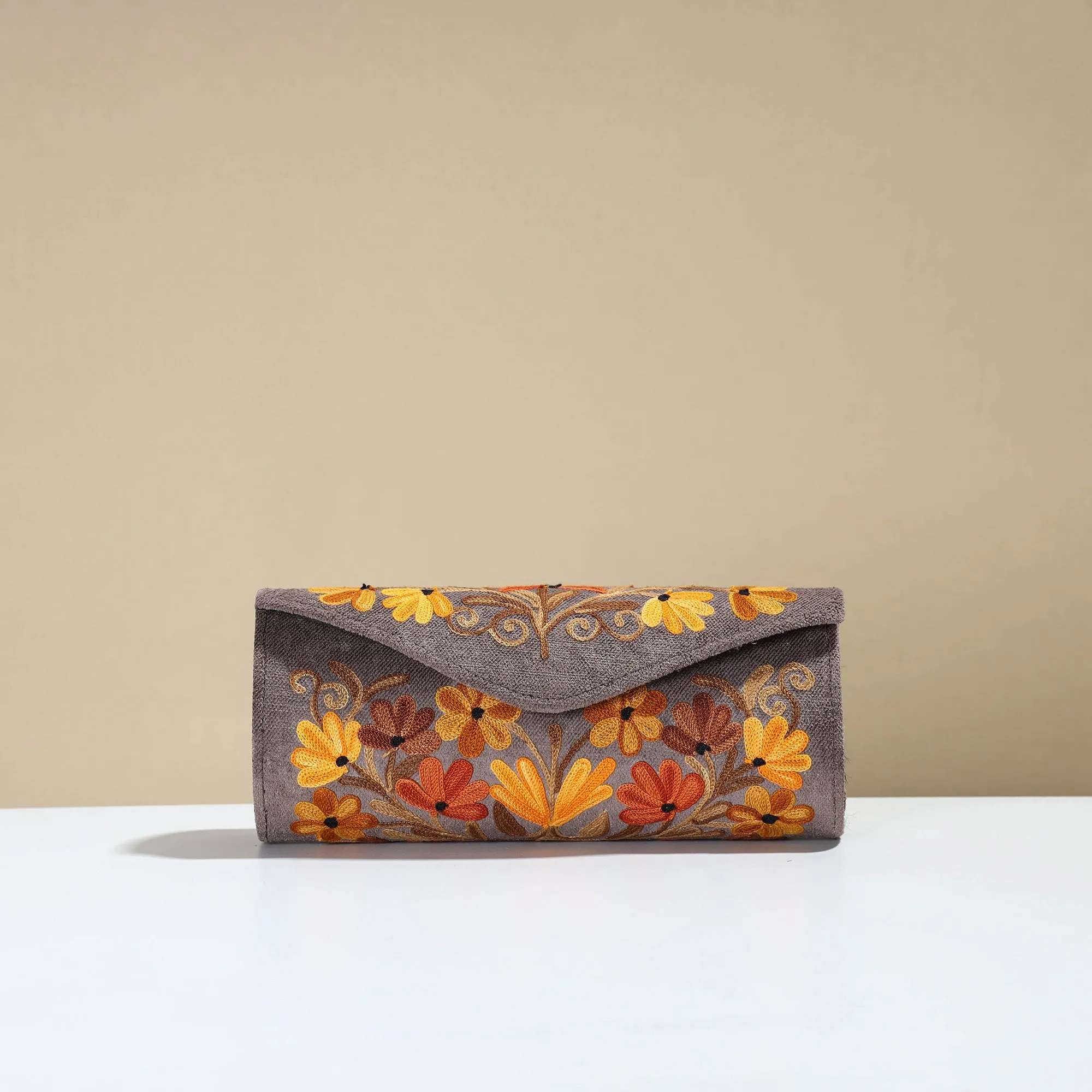 Grey - Kashmiri Crewel Hand Embroidery Velvet Clutch 38