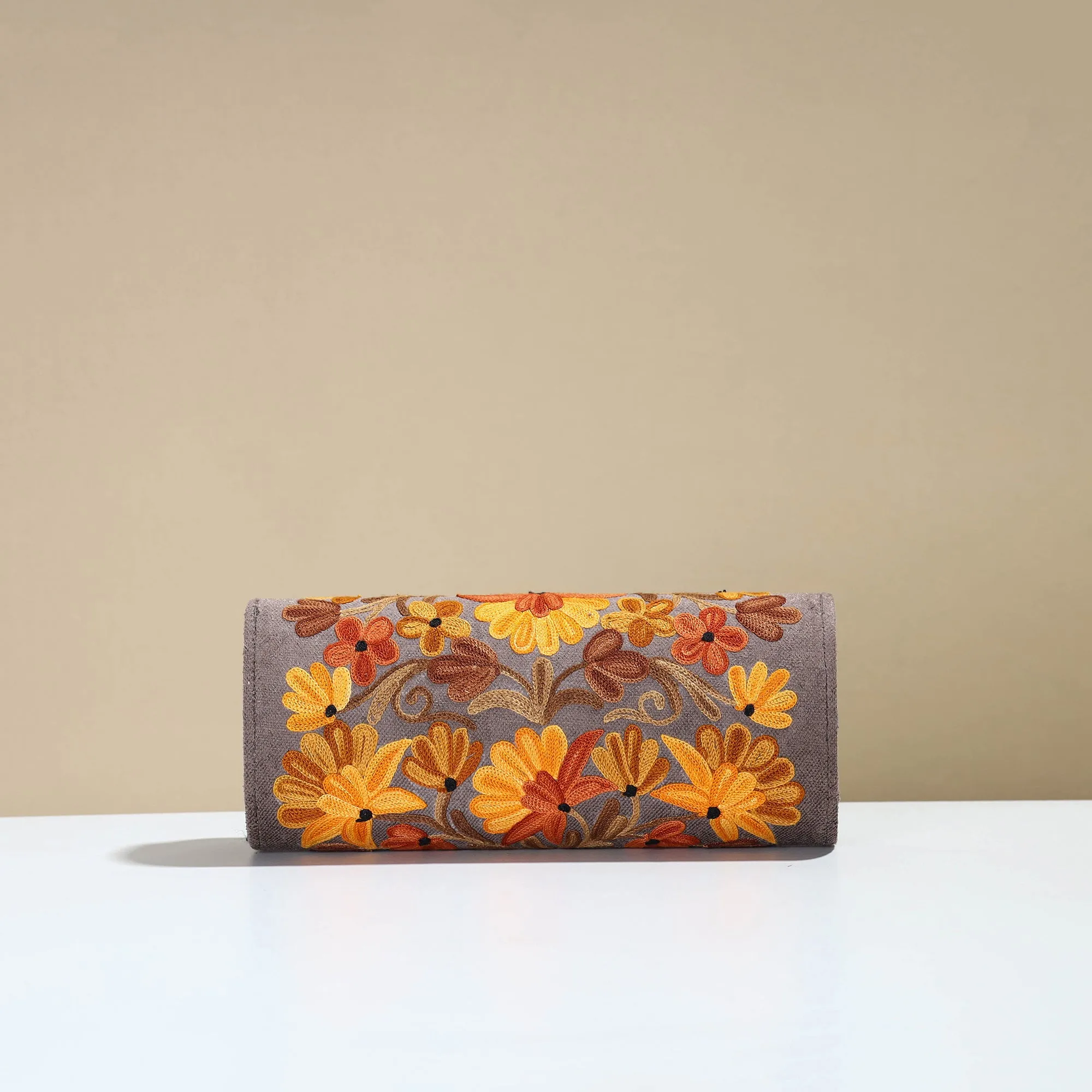 Grey - Kashmiri Crewel Hand Embroidery Velvet Clutch 38