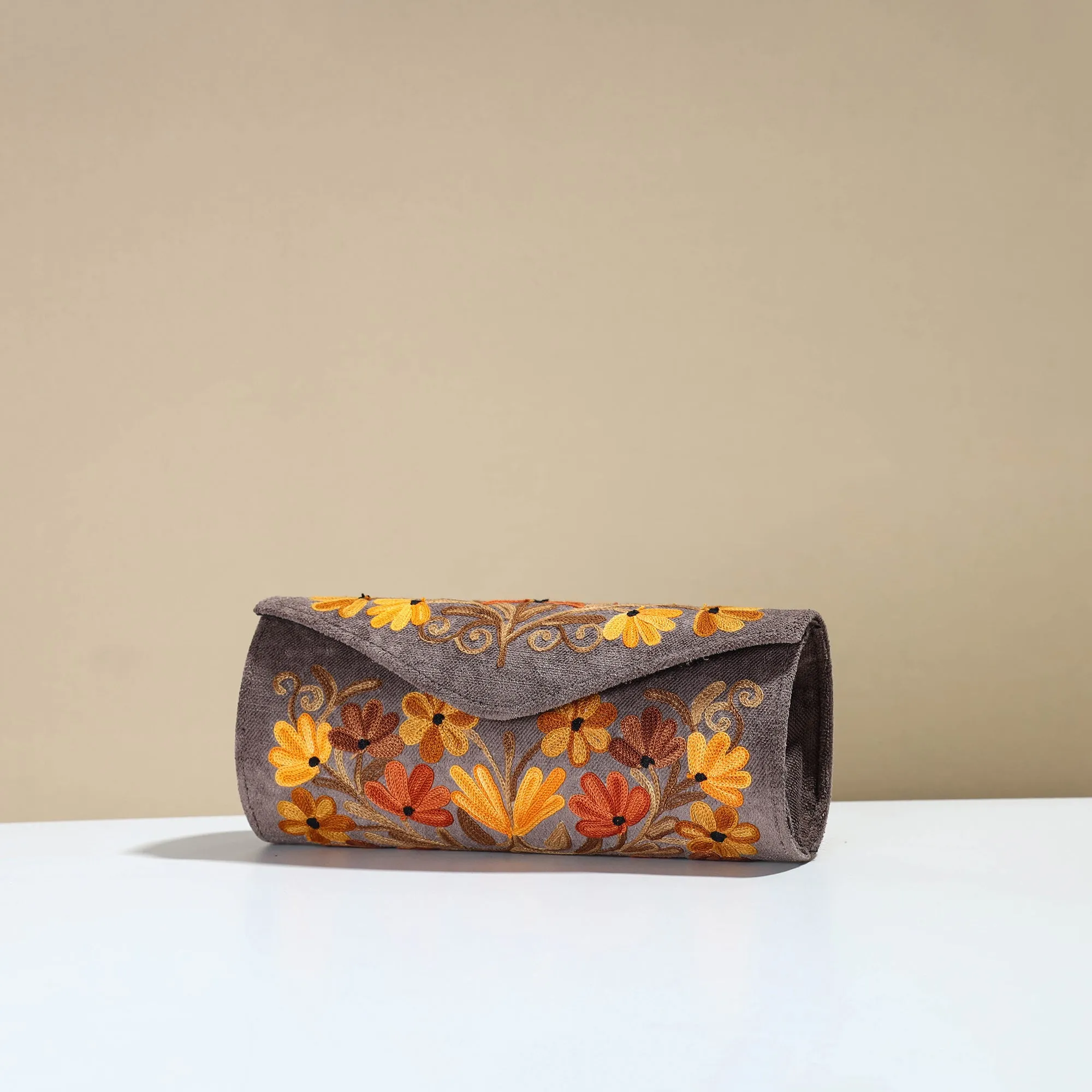 Grey - Kashmiri Crewel Hand Embroidery Velvet Clutch 38