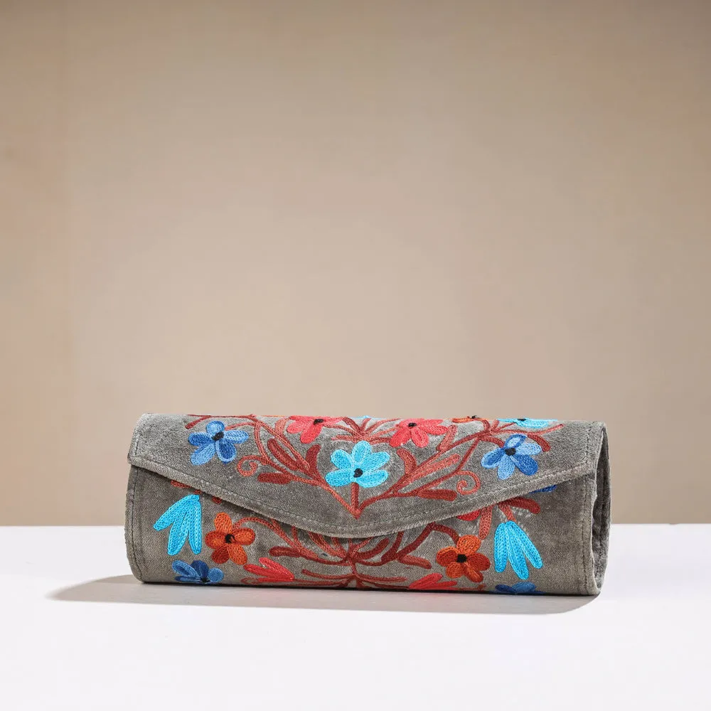 Grey - Original Crewel Hand Embroidery Velvet Clutch