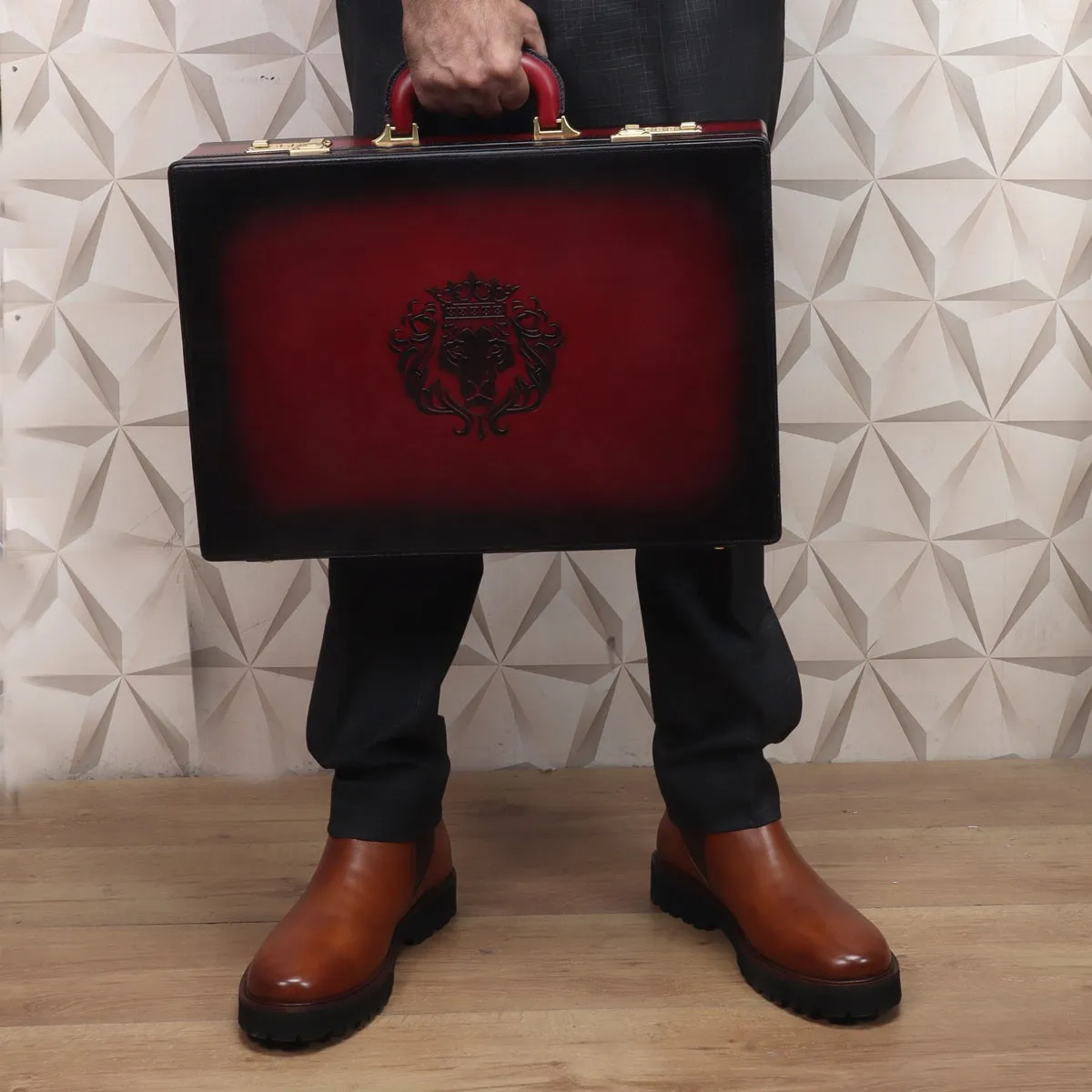 Hand-Painted Office Briefcase In Wine Leather Hard Case With Numeric Lock