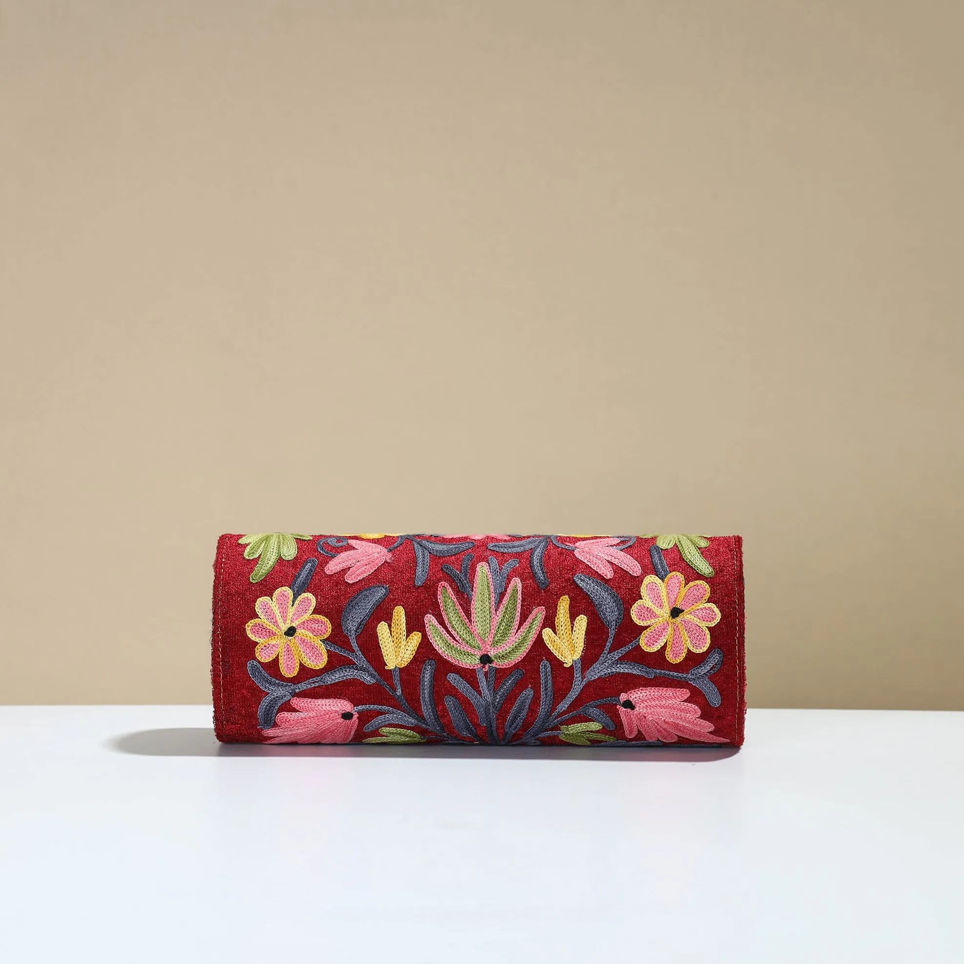 Maroon - Kashmiri Crewel Hand Embroidery Velvet Clutch 30