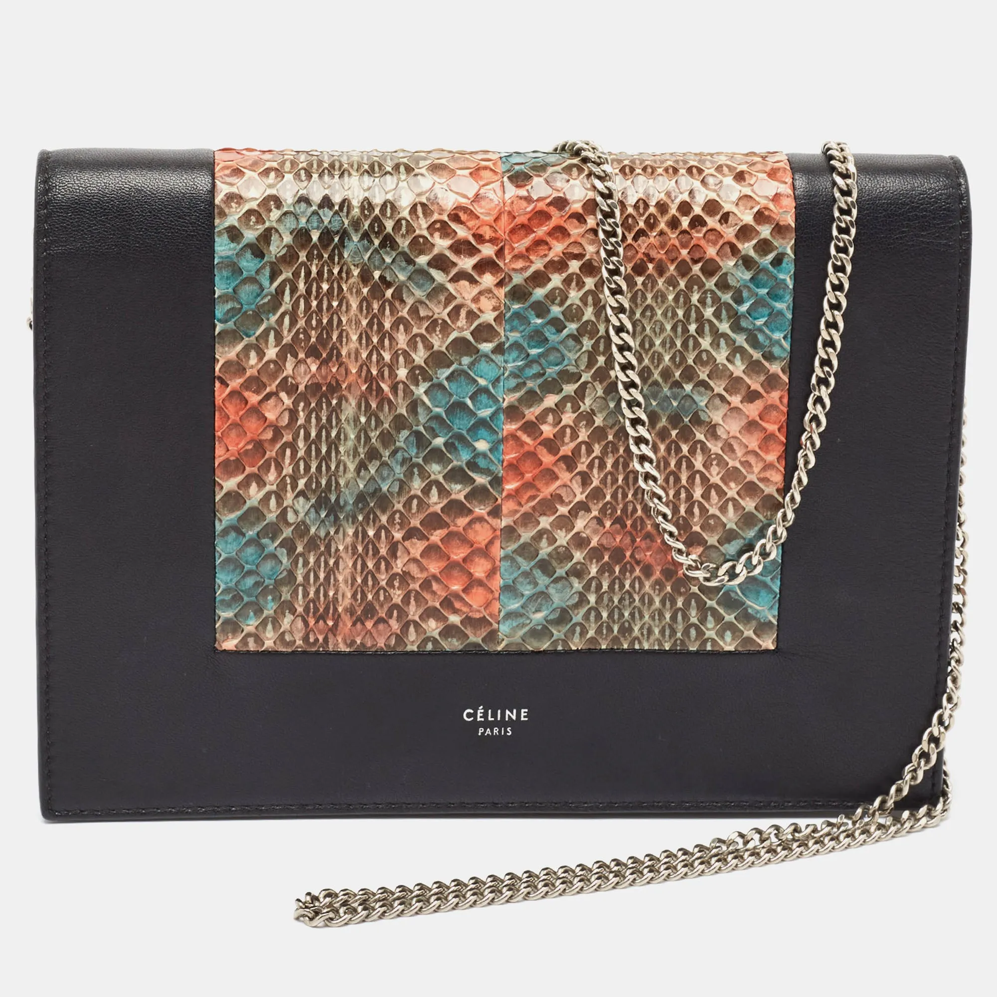 Multicolor Snakeskin and Leather Frame Chain Clutch