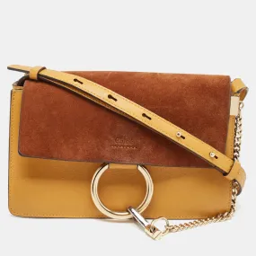 Mustard/Brown Leather and Suede Small Faye Shoulder Bag