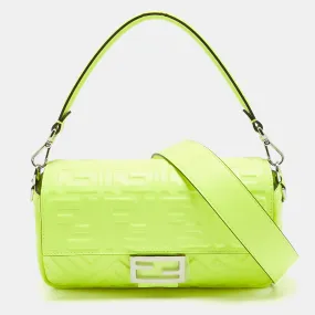 Neon Green Zucca Embossed Leather Baguette Flap Bag