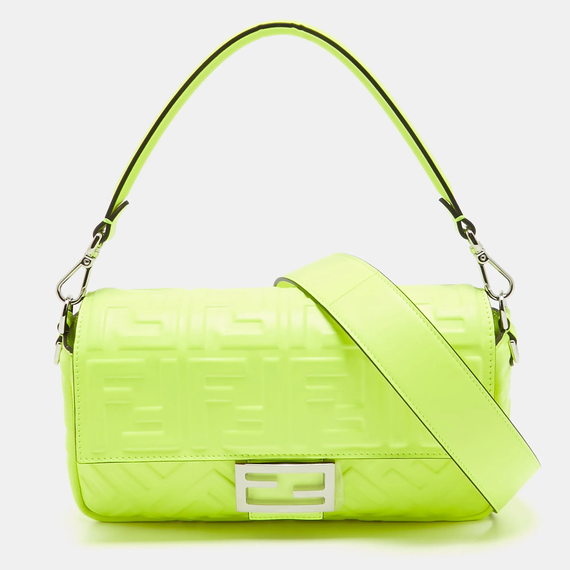 Neon Green Zucca Embossed Leather Baguette Flap Bag