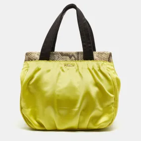 Neon Yellow/Brown Satin And Snakeskin Embossed Leather Tote