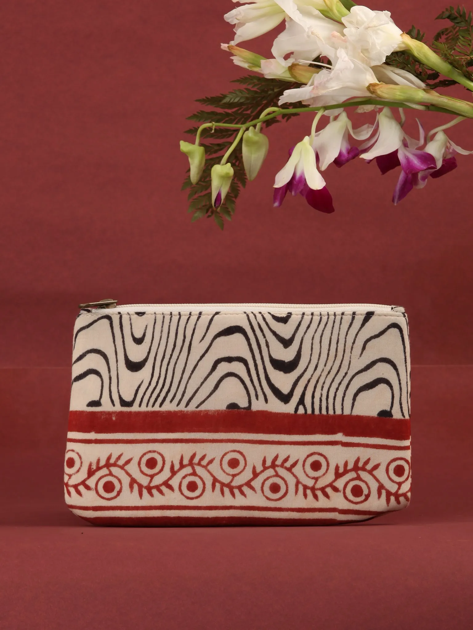 Off White Black Hand Block Printed Utility Pouch - B0604