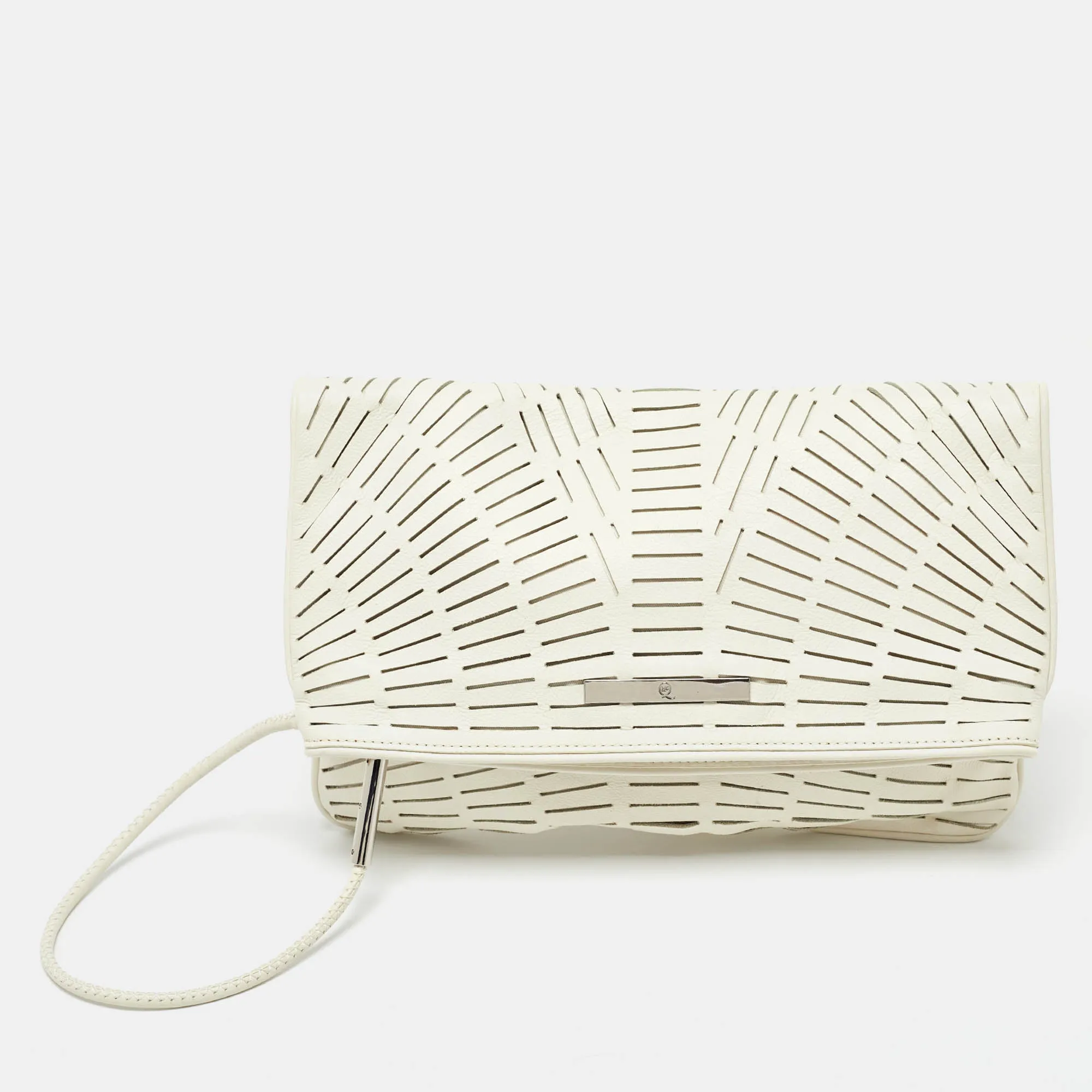 Off White Laser Cut Fold Over Clutch