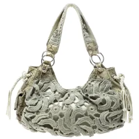 Olive Green/Cream Crochet and Python Embossed Leather Tote