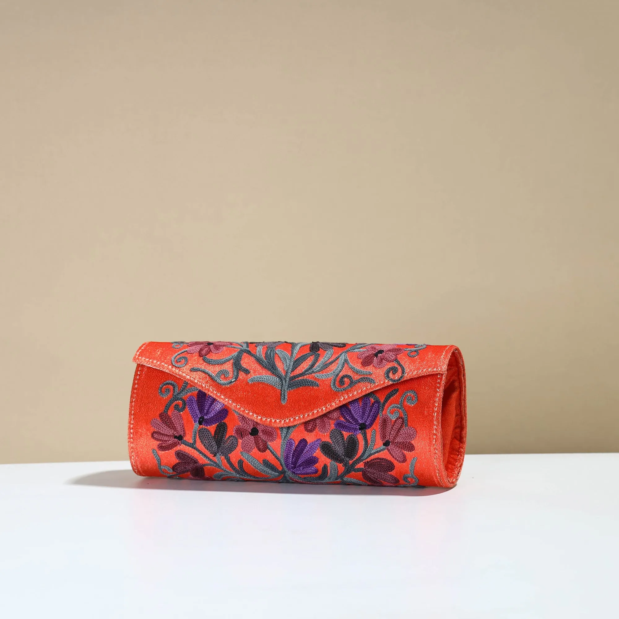 Orange - Kashmiri Crewel Hand Embroidery Velvet Clutch 39