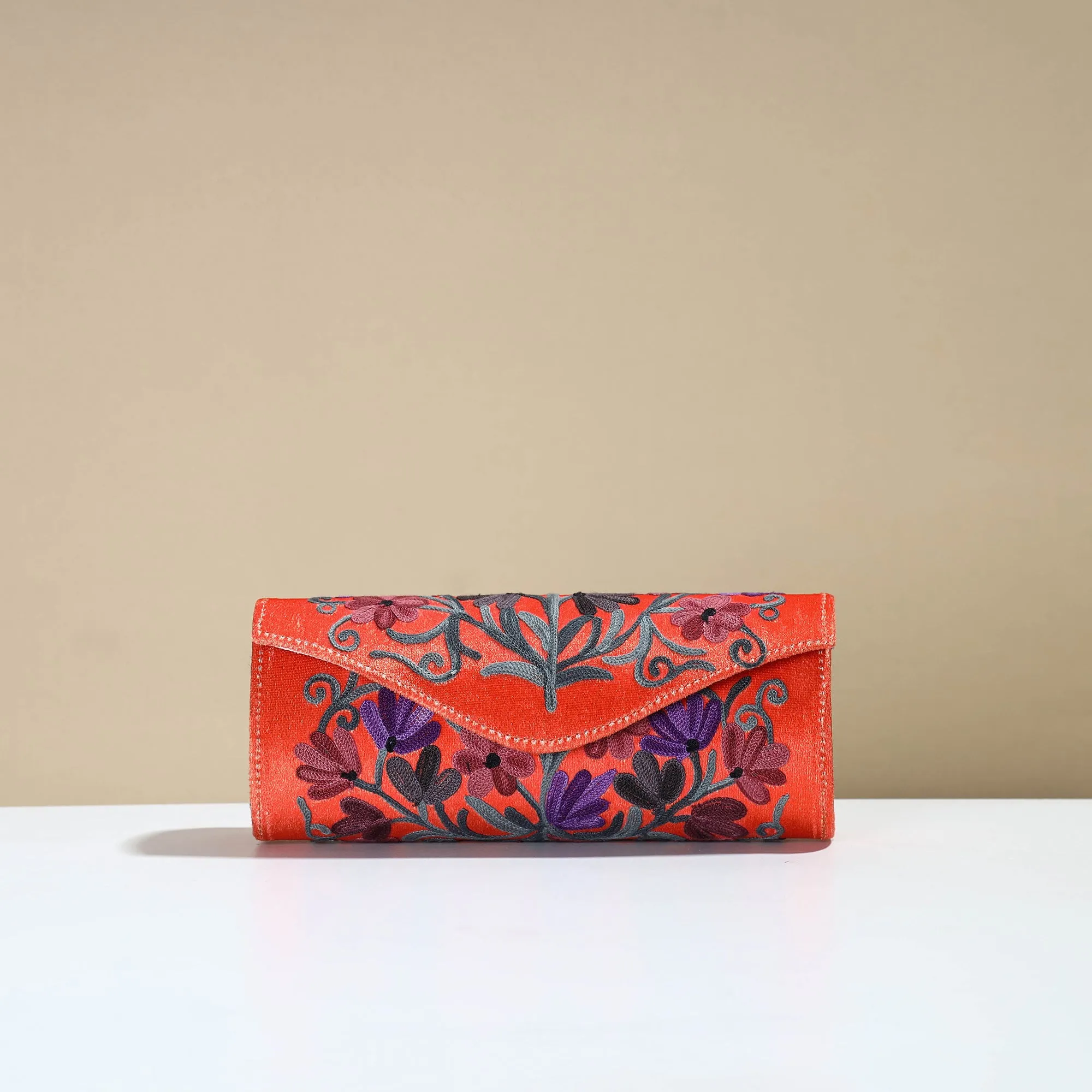 Orange - Kashmiri Crewel Hand Embroidery Velvet Clutch 39