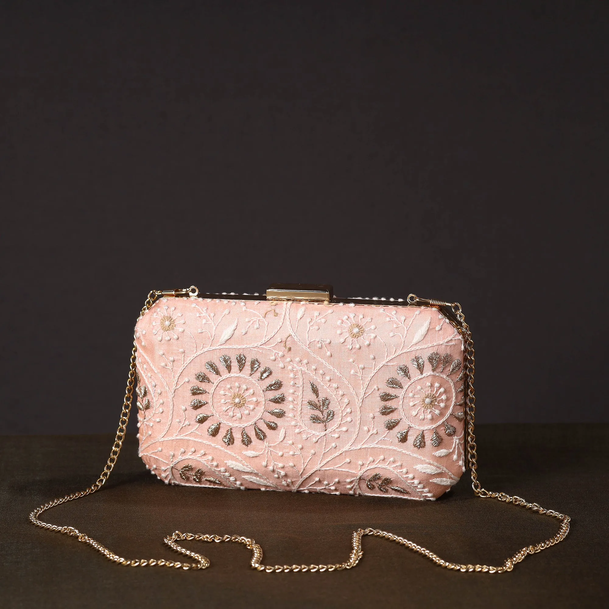 Pink - Chikankari Hand Embroidery Tussar Silk Clutch / Sling Bag 02