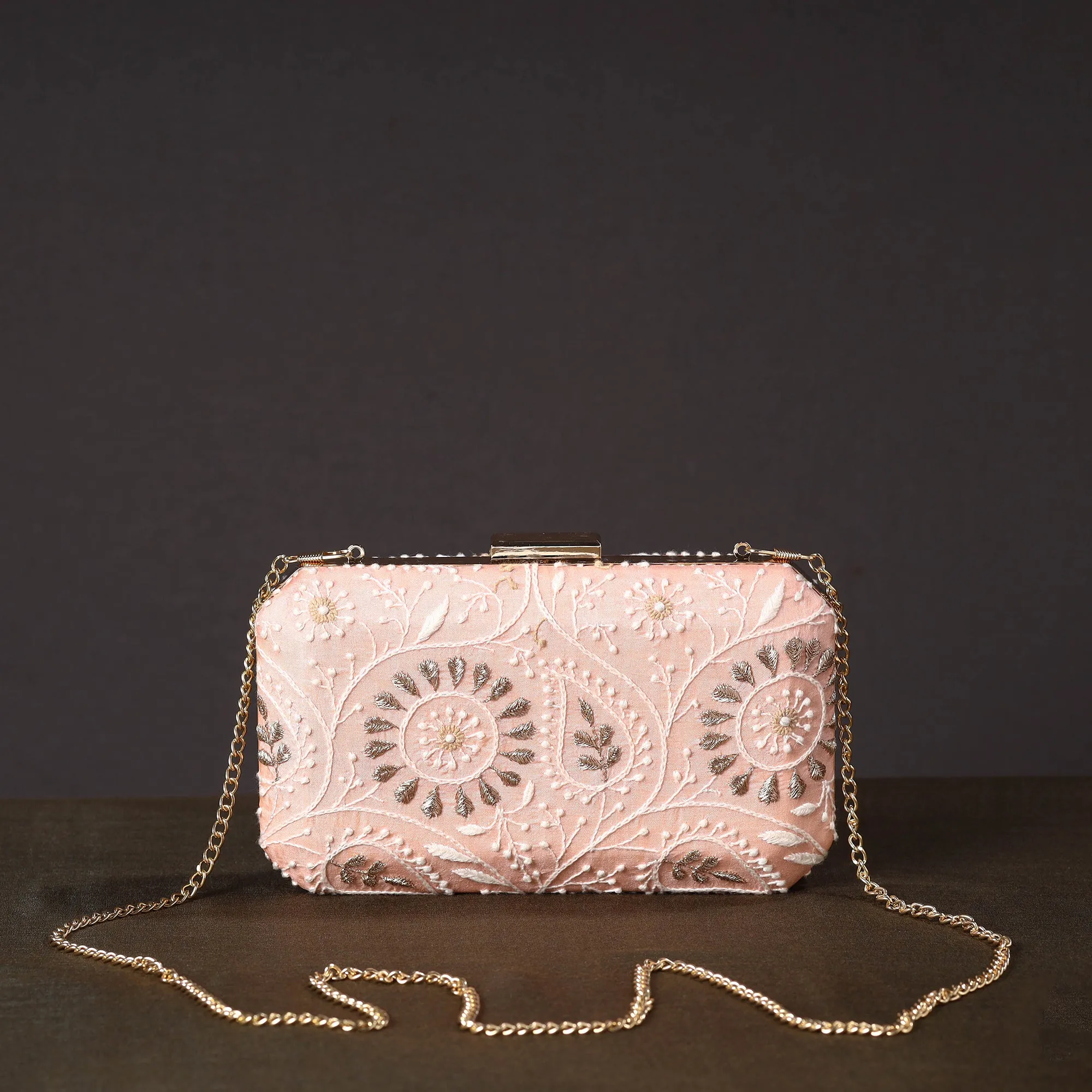 Pink - Chikankari Hand Embroidery Tussar Silk Clutch / Sling Bag 02