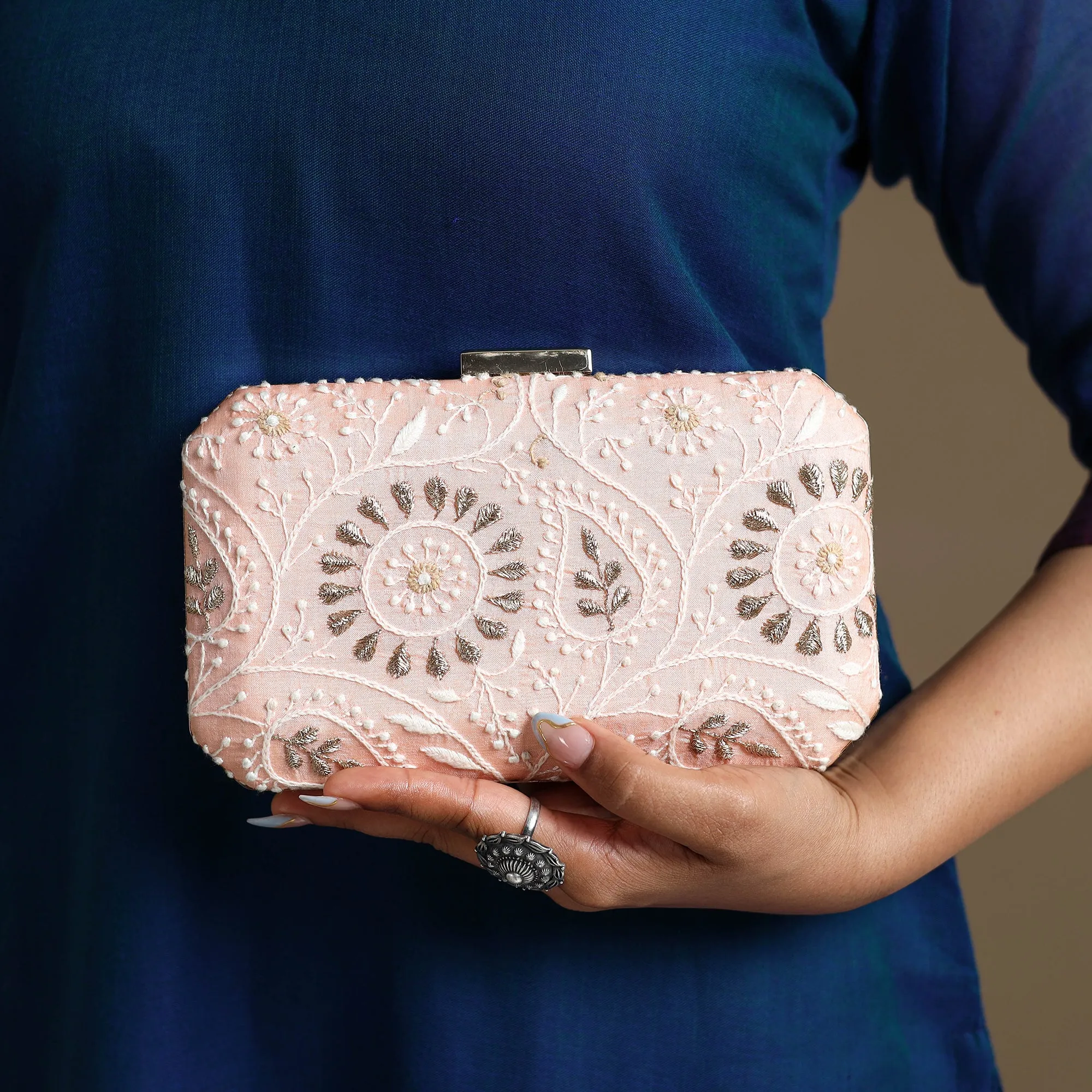 Pink - Chikankari Hand Embroidery Tussar Silk Clutch / Sling Bag 02