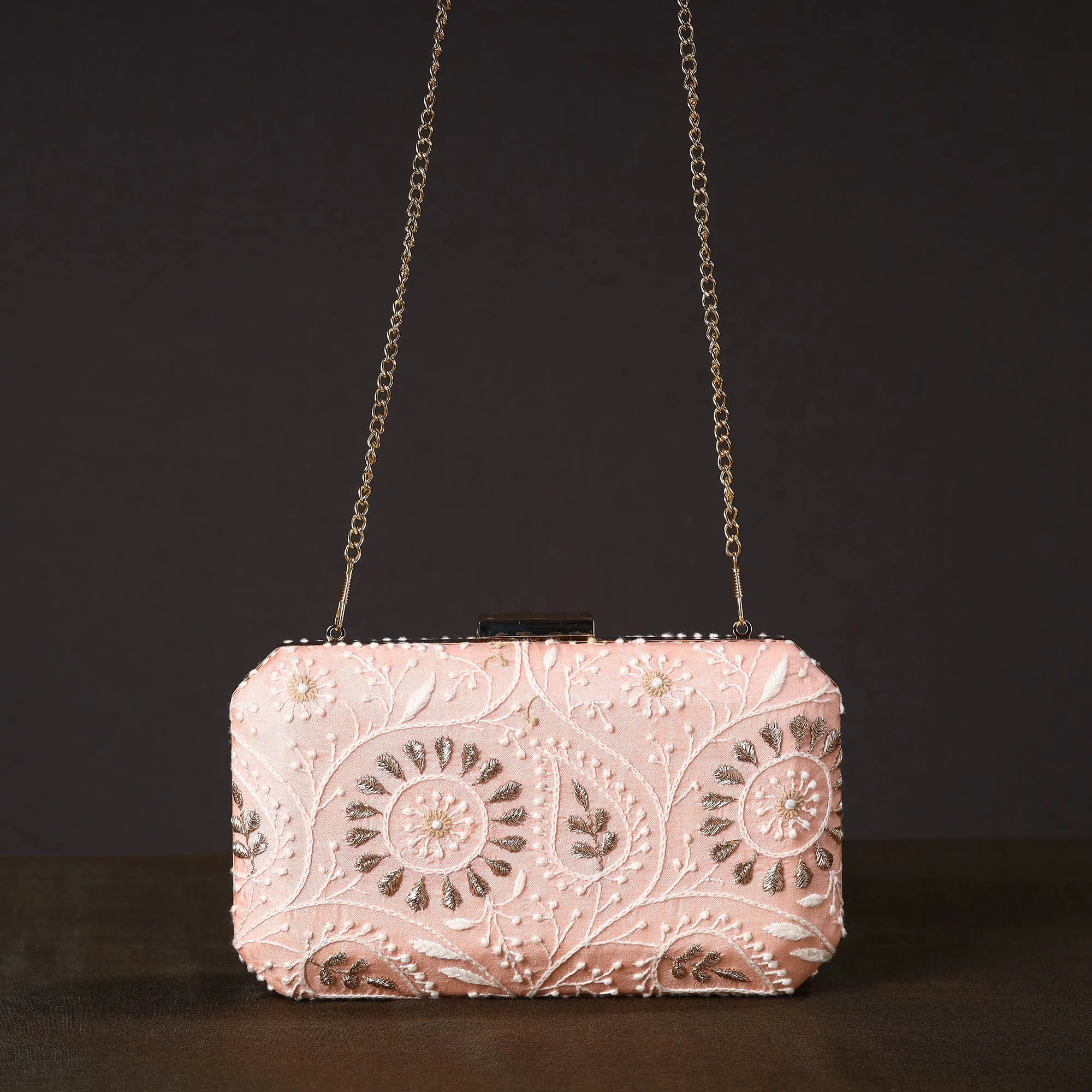 Pink - Chikankari Hand Embroidery Tussar Silk Clutch / Sling Bag 02