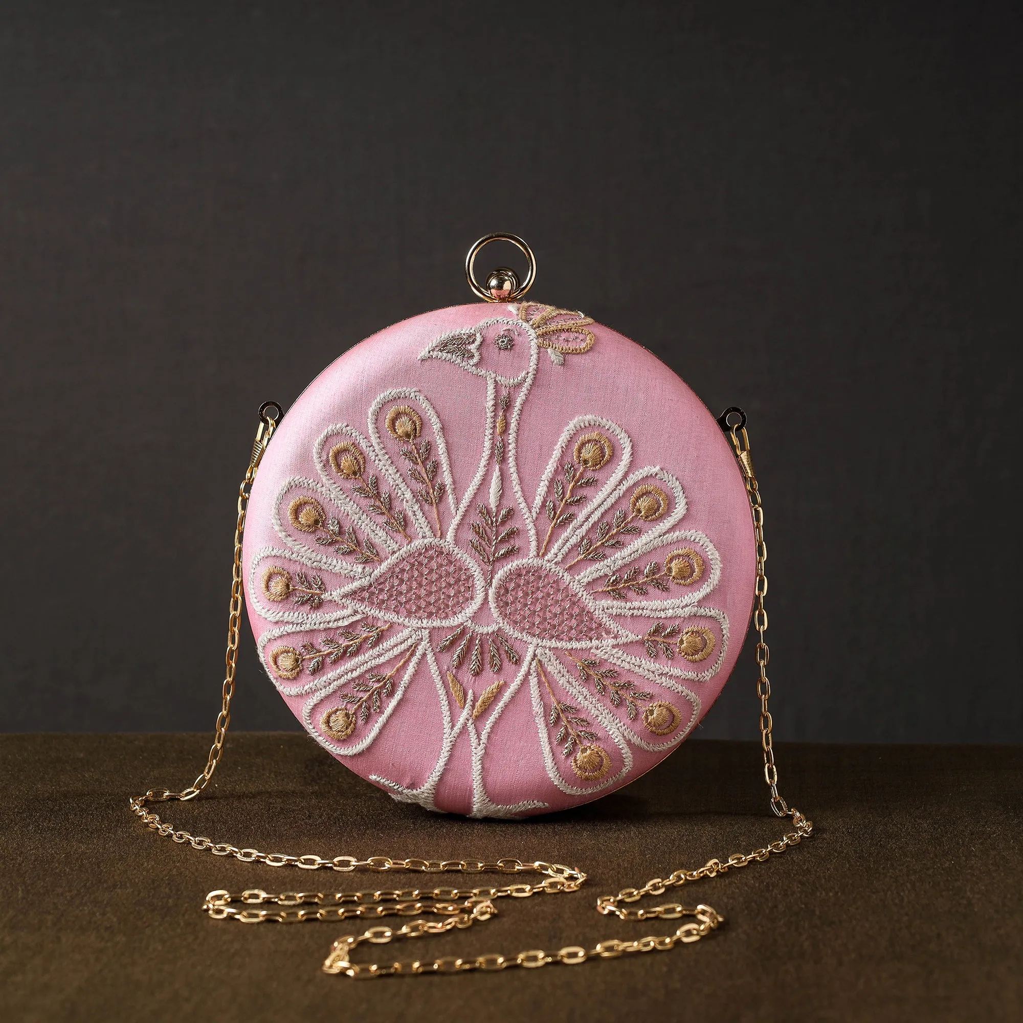 Pink - Chikankari Hand Embroidery Tussar Silk Clutch / Sling Bag