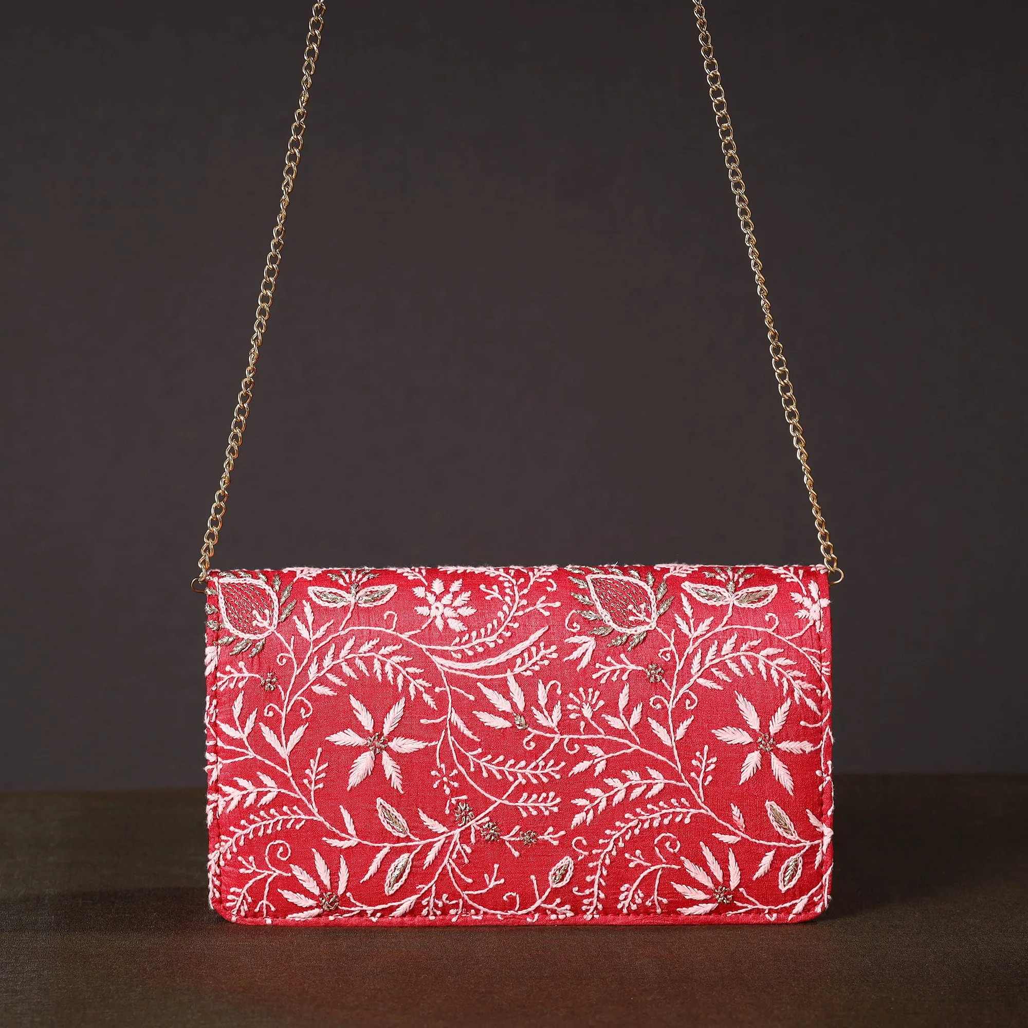 Red - Chikankari Hand Embroidery Tussar Silk Clutch / Sling Bag 07