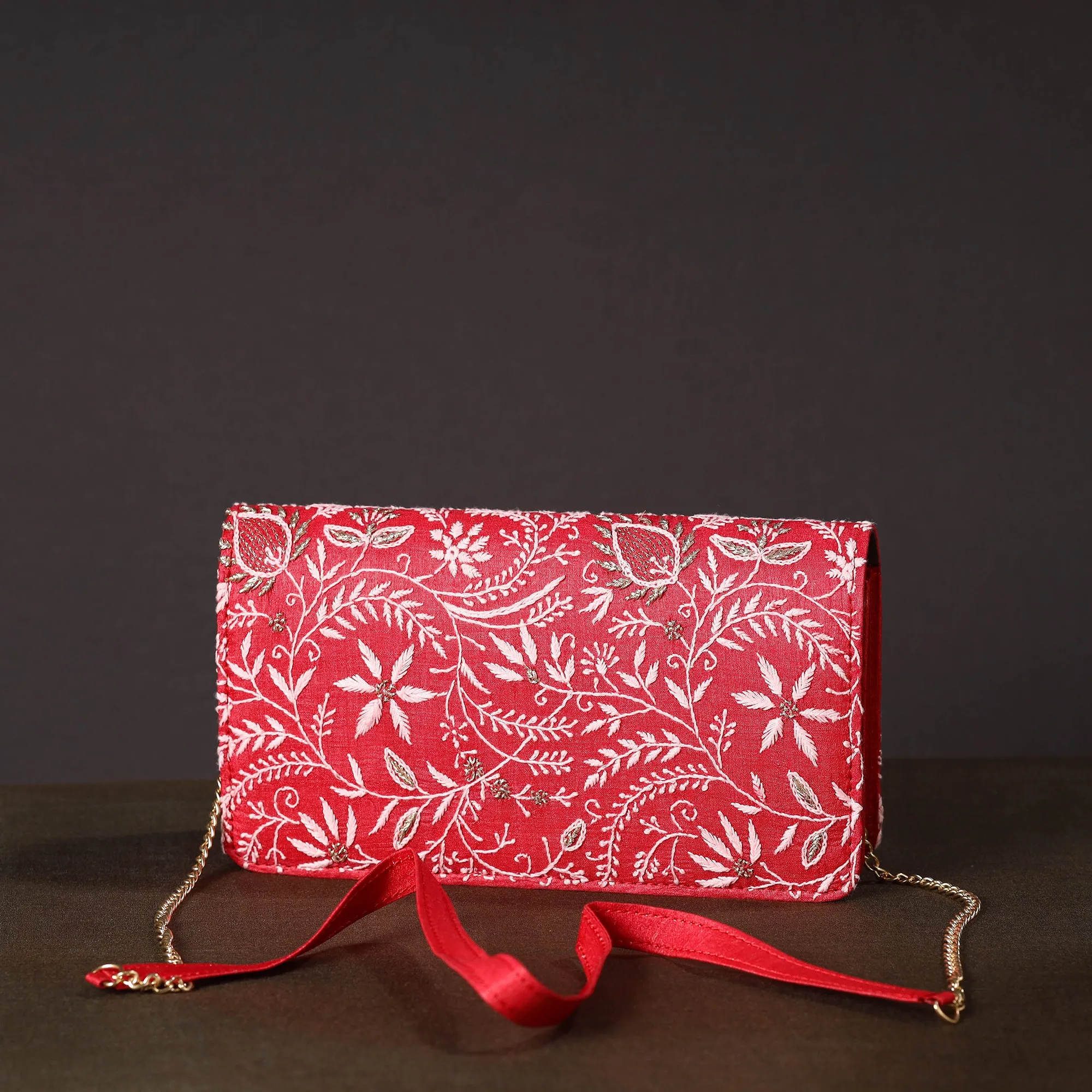 Red - Chikankari Hand Embroidery Tussar Silk Clutch / Sling Bag 07