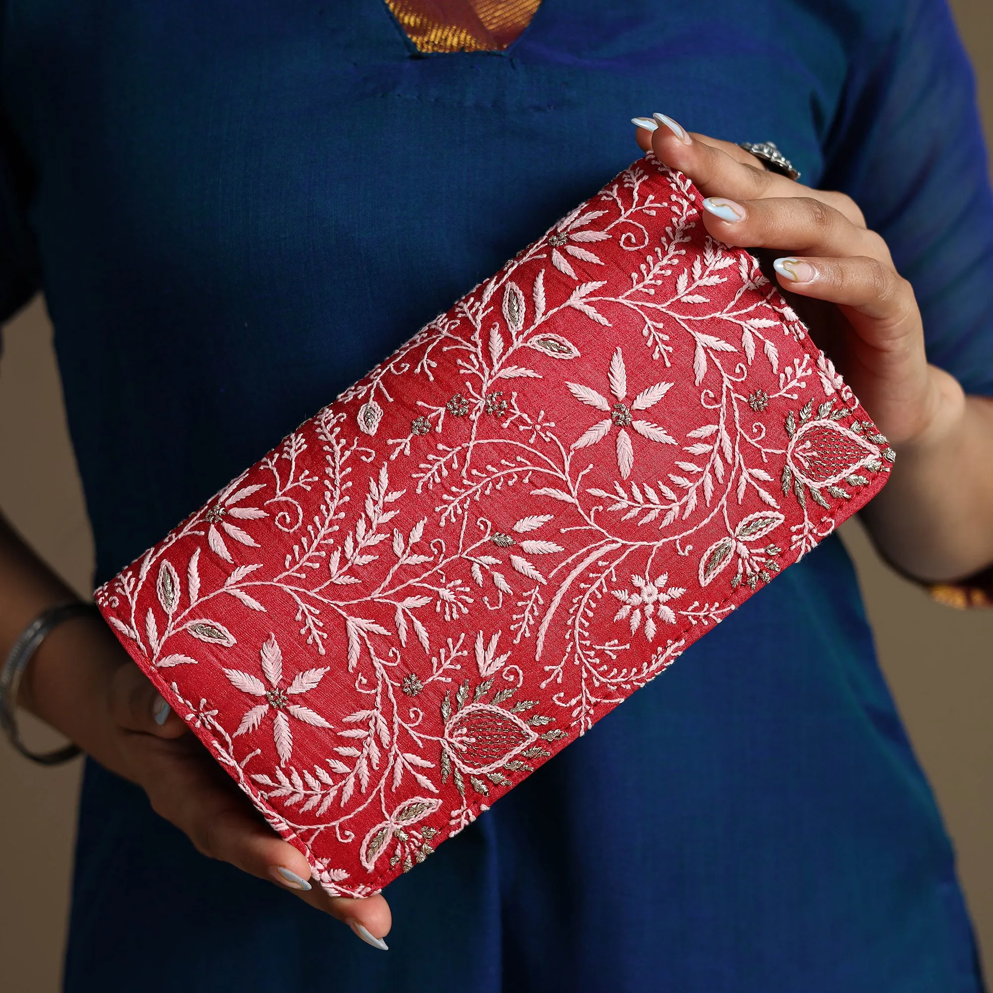 Red - Chikankari Hand Embroidery Tussar Silk Clutch / Sling Bag 07