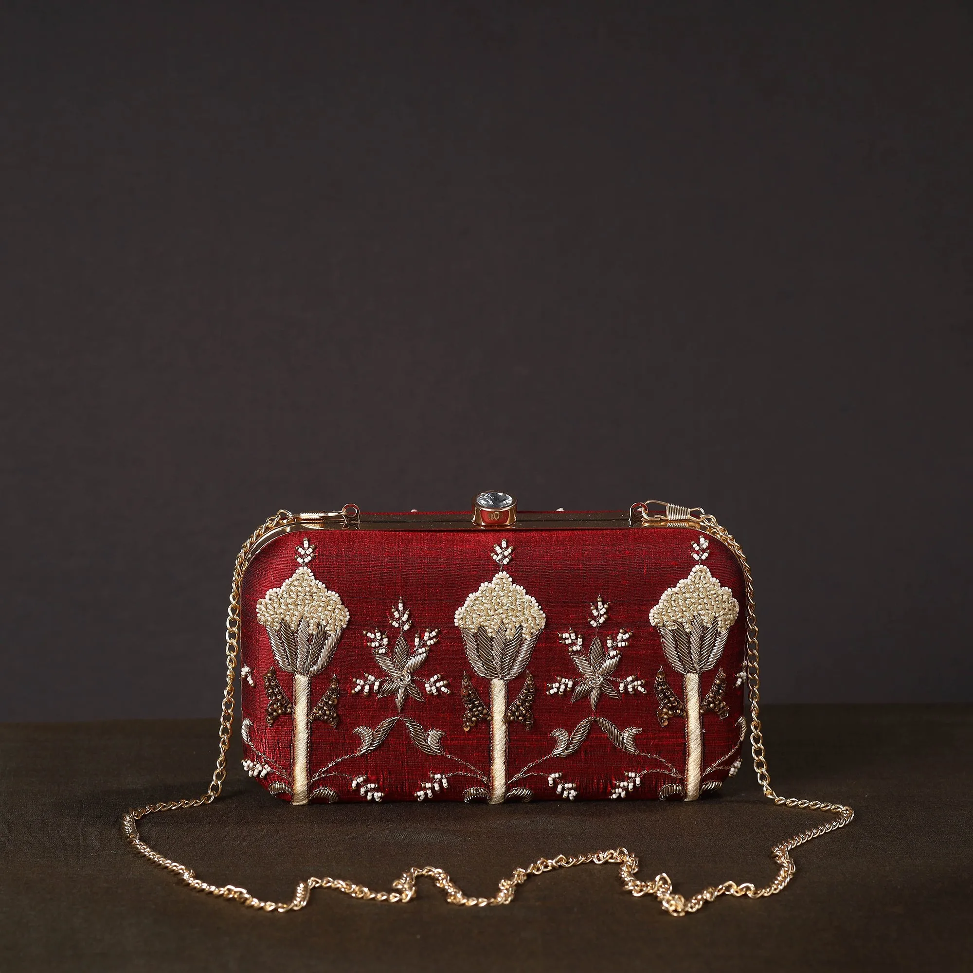 Red - Chikankari Hand Embroidery Tussar Silk Clutch / Sling Bag 11